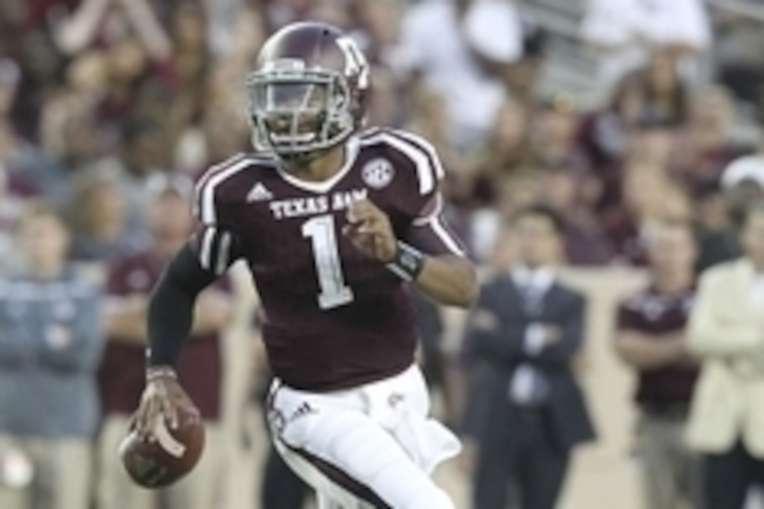 Sep 12, 2015; College Station, TX, USA; Texas A&M Aggies quarterback Kyler Murray (1) rushes against the Ball State Cardinals in the second quarter at Kyle Field. Mandatory Credit: Thomas B. Shea-USA TODAY Sports Sep 12, 2015; College Station, TX, USA; Texas A&M Aggies quarterback Kyler Murray (1) rushes against the Ball State Cardinals in the second quarter at Kyle Field. Mandatory Credit: Thomas B. Shea-USA TODAY Sports
