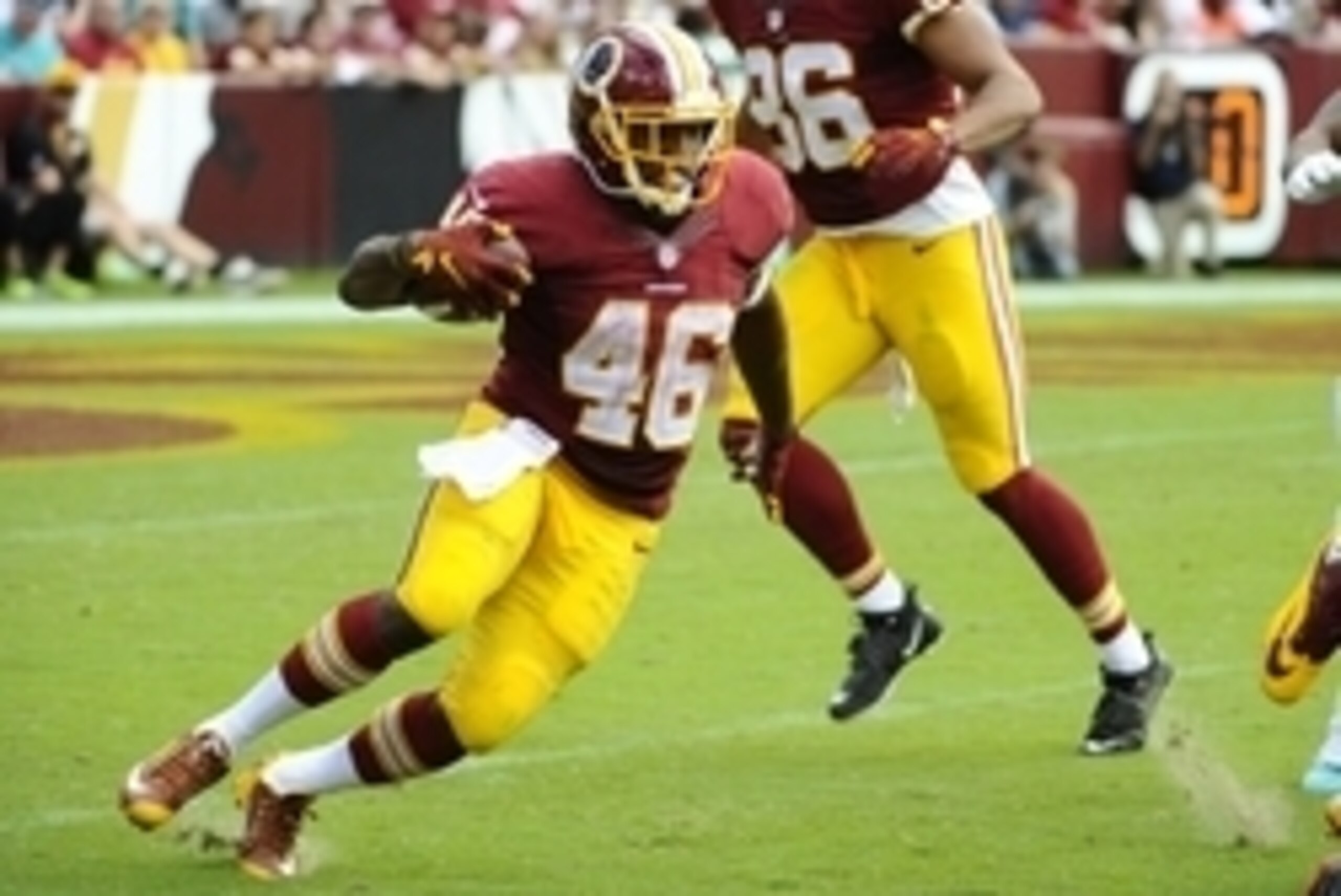 Sep 13, 2015; Landover, MD, USA; Washington Redskins running back Alfred Morris (46) rushes the ball against the Miami Dolphins during the second half at FedEx Field. Mandatory Credit: Brad Mills-USA TODAY Sports