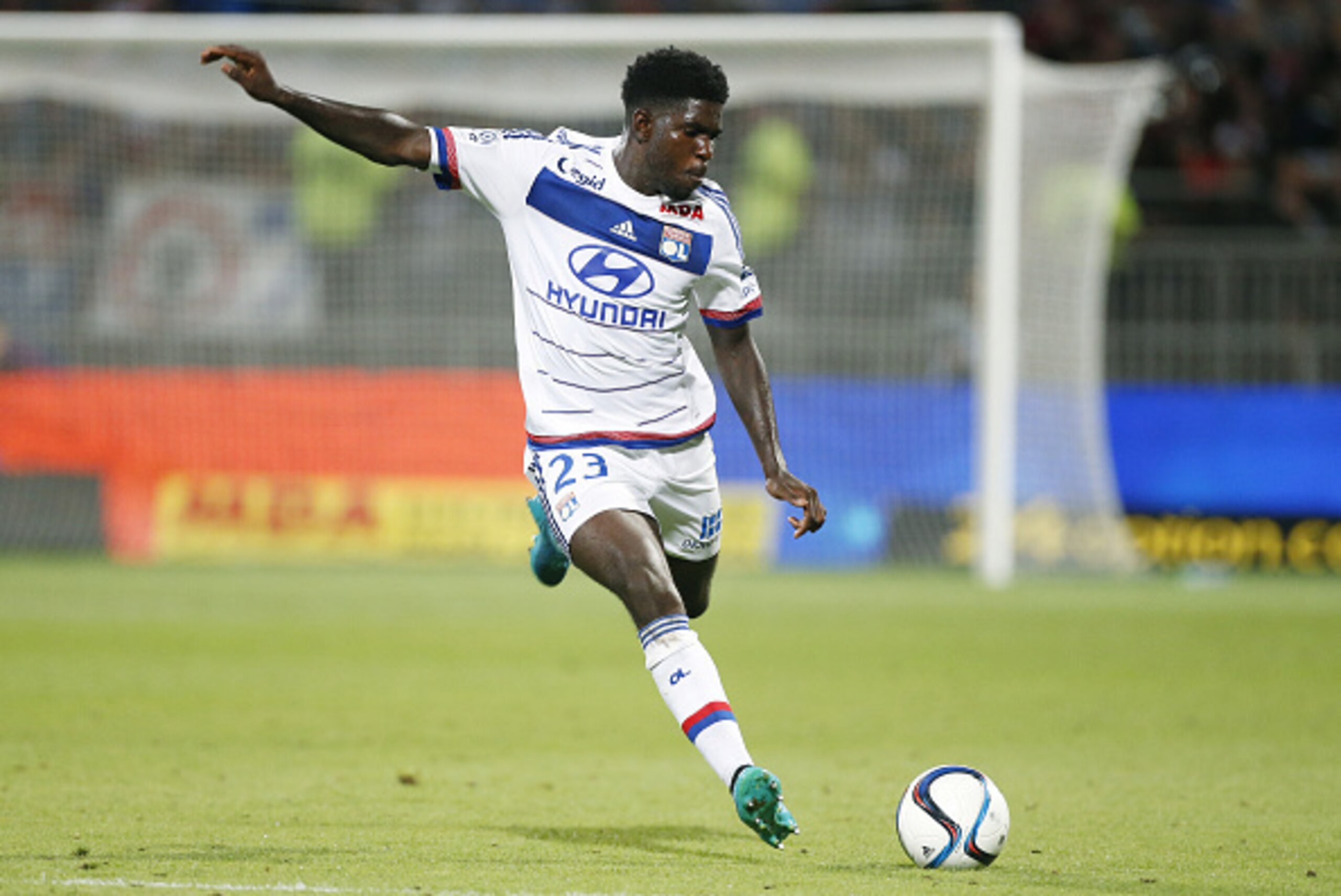 LYON - AUGUST 9: Samuel Umtiti of Lyon in action during the French Ligue 1 match between Olympique Lyonnais (OL) and FC Lorient at Stade de Gerland on August 9, 2015 in Lyon, France. (Photo by Jean Catuffe/Getty Images)