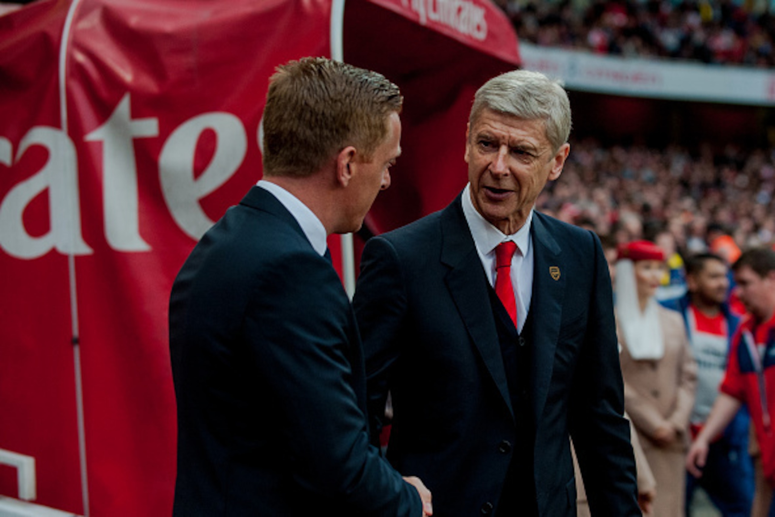 LONDON, ENGLAND - MAY 11: Manager of Swansea City, Garry Monk shakes hands with Manager of Arsenal, Arsene Wenger prior to the  the Premier League match between Arsenal and Swansea City at Emirates Stadium on May 11, 2015 in London, England.  (Photo by At