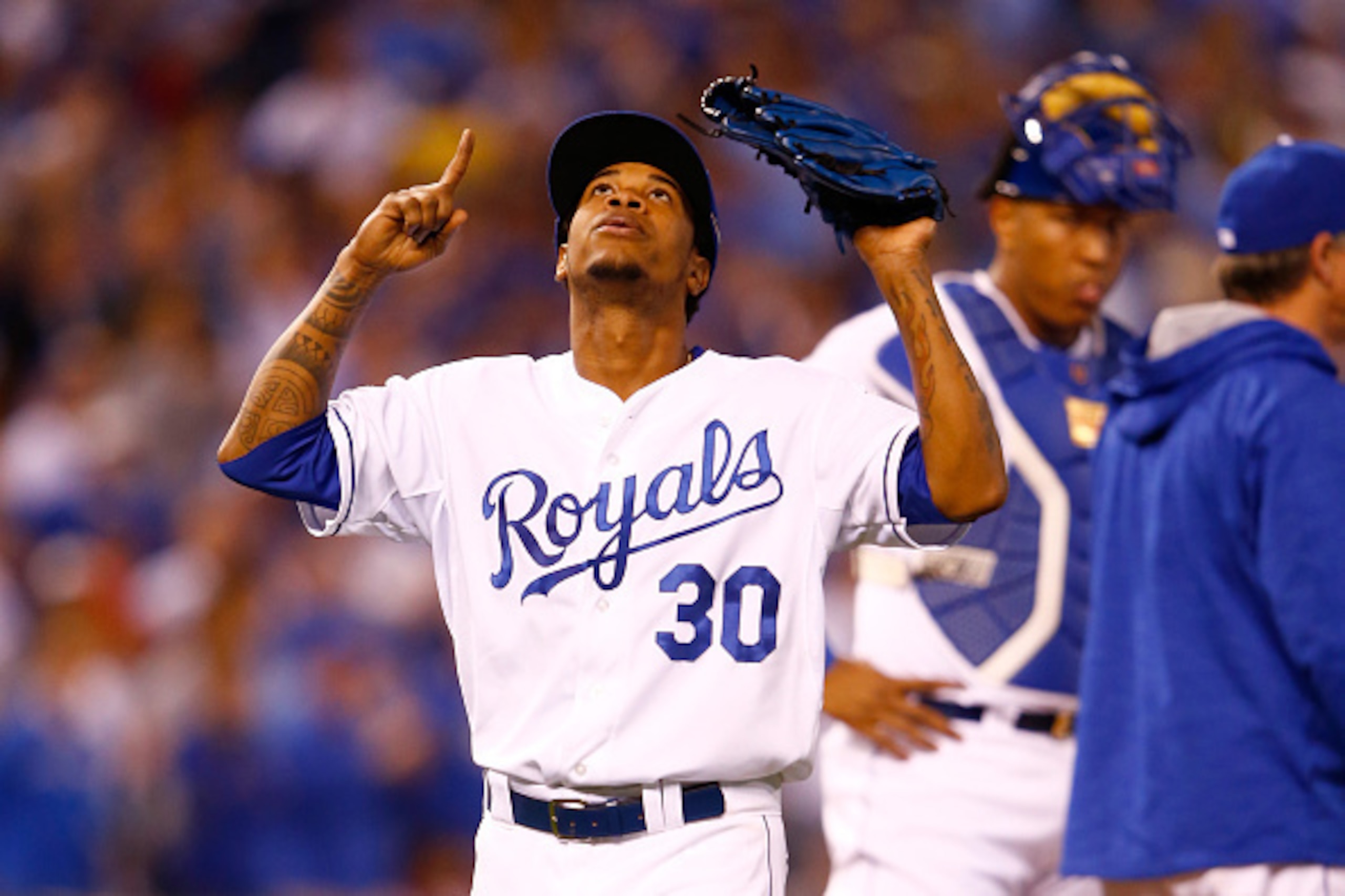 KANSAS CITY, MO - OCTOBER 23:  Yordano Ventura #30 of the Kansas City Royals reacts as he walks to the dugout after being pulled in the sixth inning while taking on the Toronto Blue Jays in game six of the 2015 MLB American League Championship Series at K
