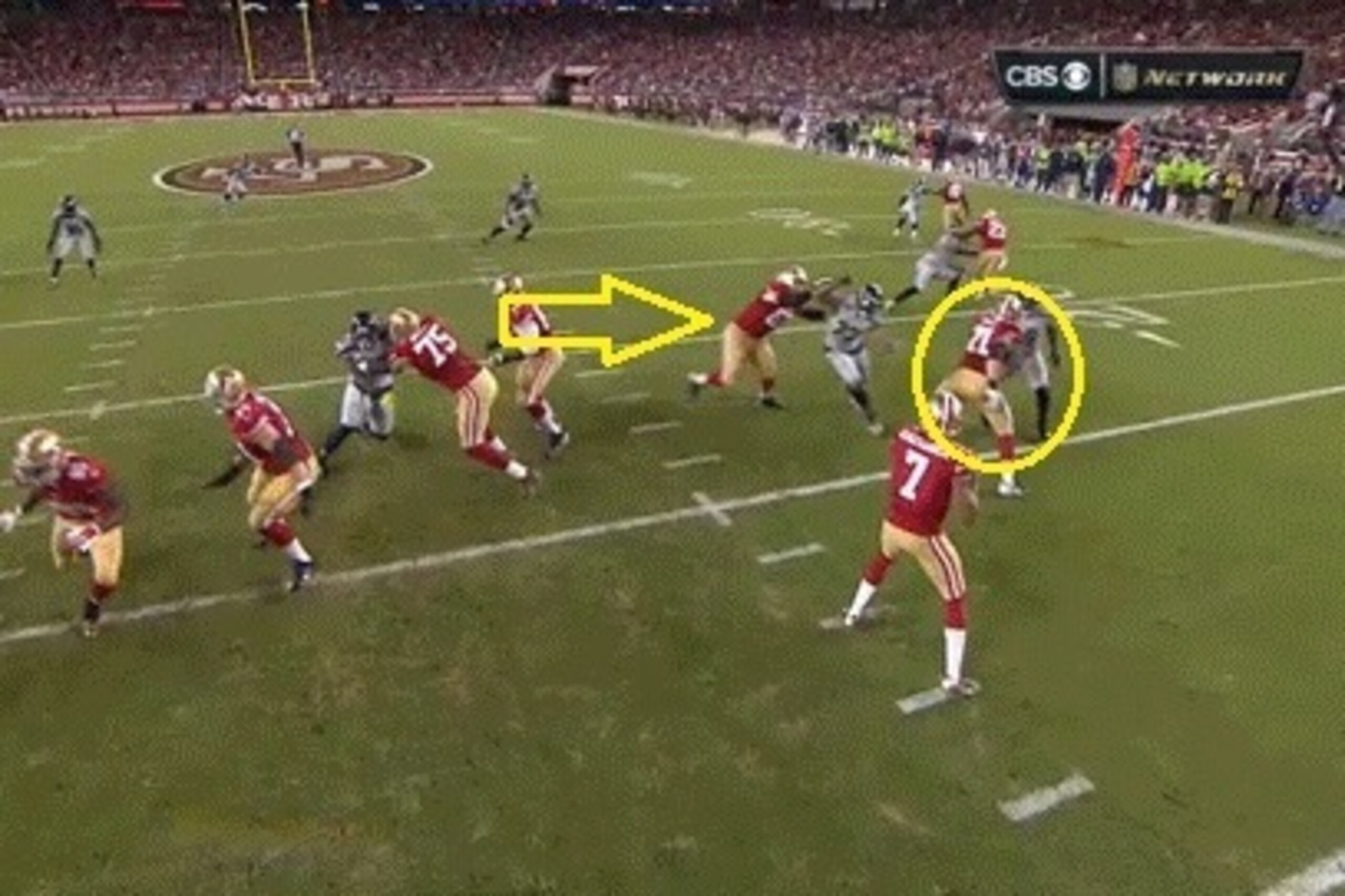 Right tackle Erik Pears is doing an OK job holding his block, but right guard Jordan Devey (arrow) quickly loses his man.