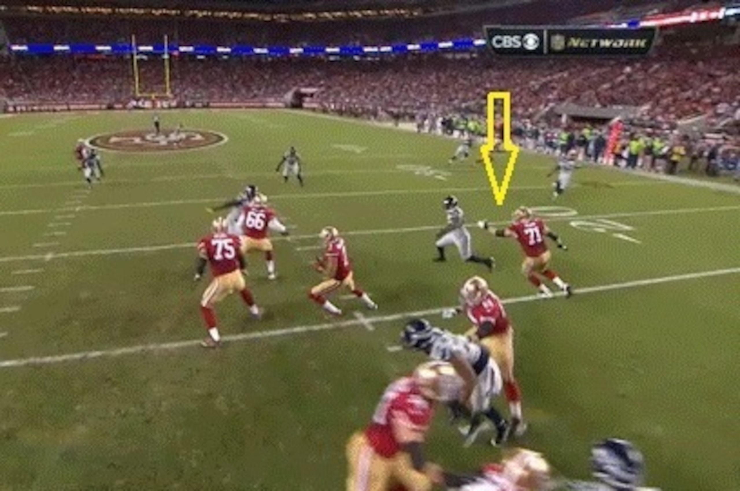 Pears eventually loses protection, which ends up in Kaepernick being sacked.