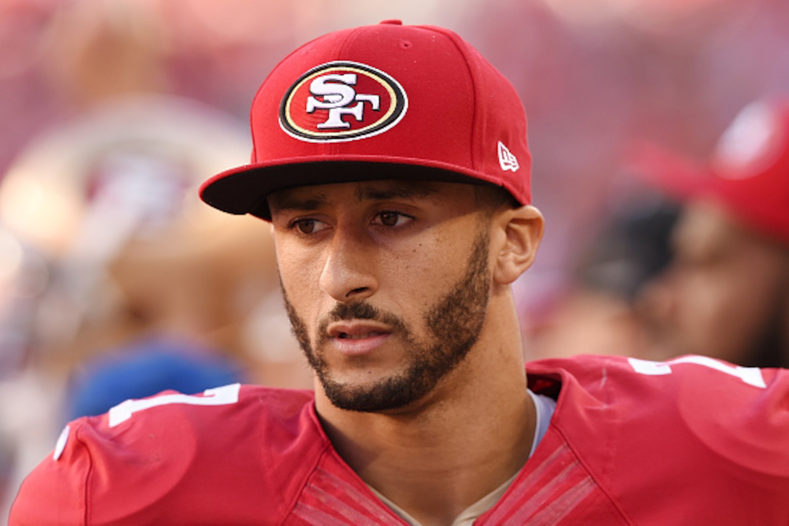 SANTA CLARA, CA - NOVEMBER 02:  Colin Kaepernick #7 of the San Francisco 49ers looks on from the sidelines against the St. Louis Rams during the third quarter at Levi's Stadium on November 2, 2014 in Santa Clara, California.  (Photo by Thearon W. Henderso