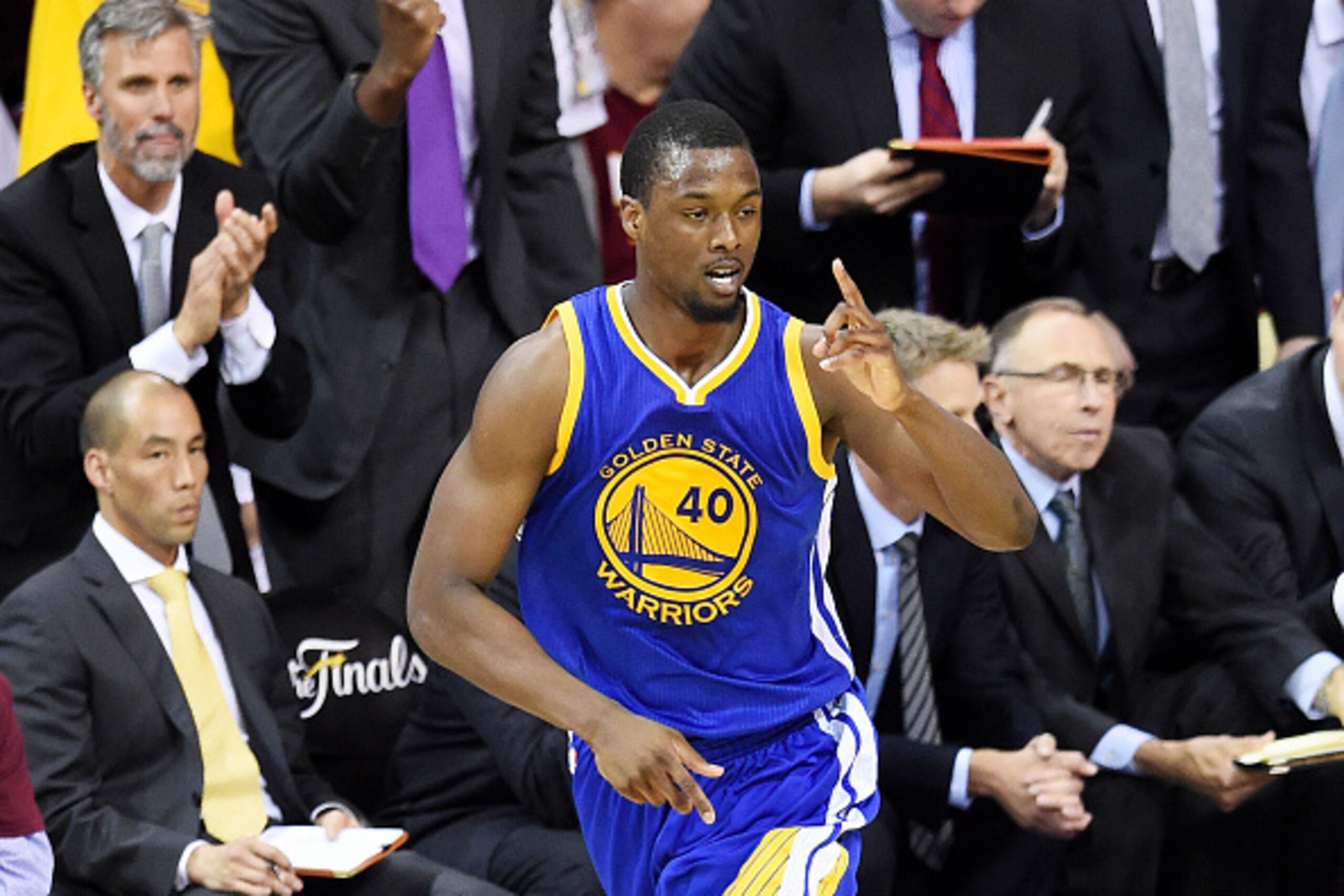CLEVELAND, OH - JUNE 16:  Harrison Barnes #40 of the Golden State Warriors reacts in the first quarter against the Cleveland Cavaliers during Game Six of the 2015 NBA Finals at Quicken Loans Arena on June 16, 2015 in Cleveland, Ohio. NOTE TO USER: User ex
