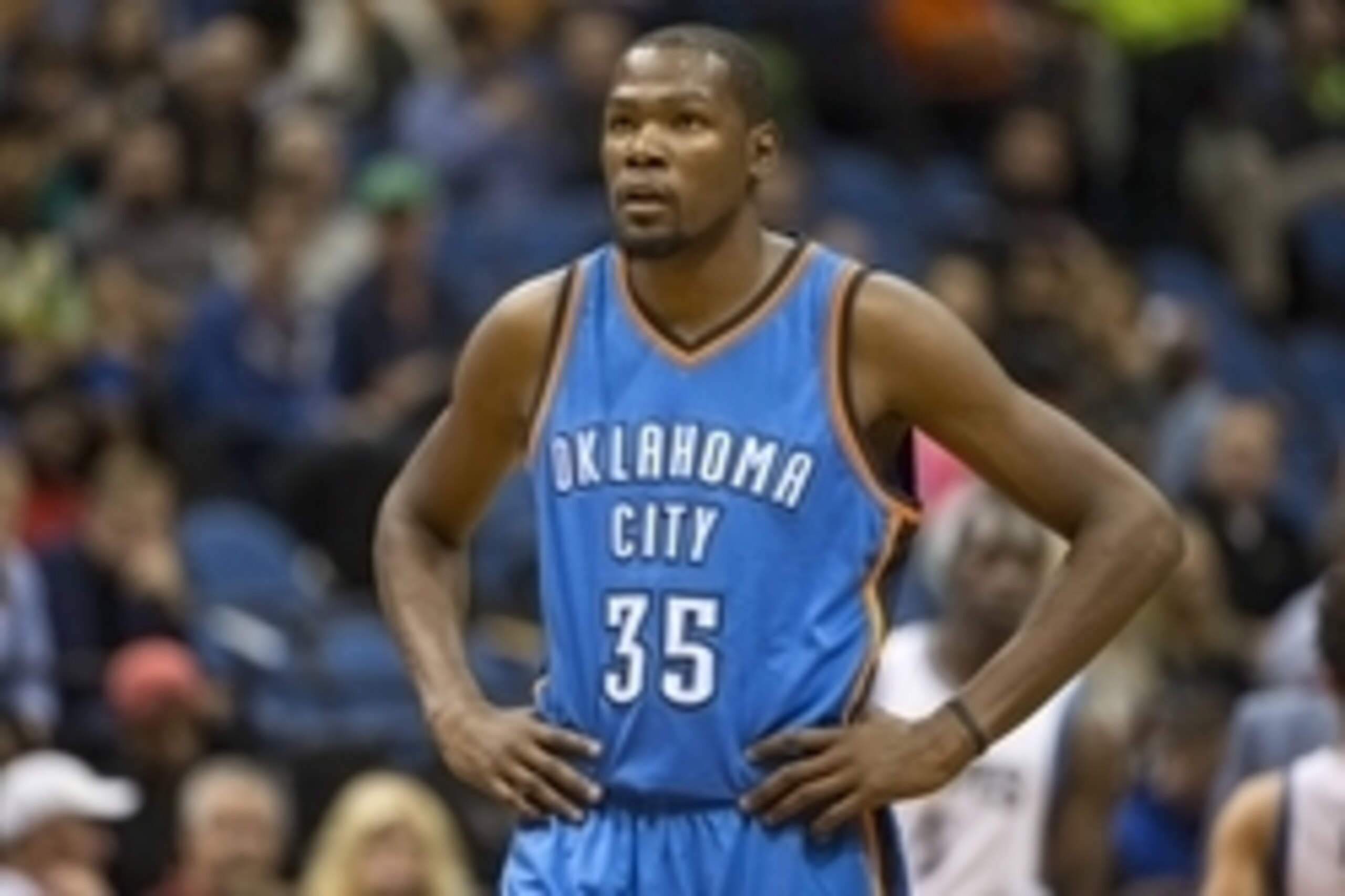 Oct 7, 2015; Minneapolis, MN, USA; Oklahoma City Thunder forward Kevin Durant (35) looks on during the first half against the Minnesota Timberwolves at Target Center. Mandatory Credit: Jesse Johnson-USA TODAY Sports