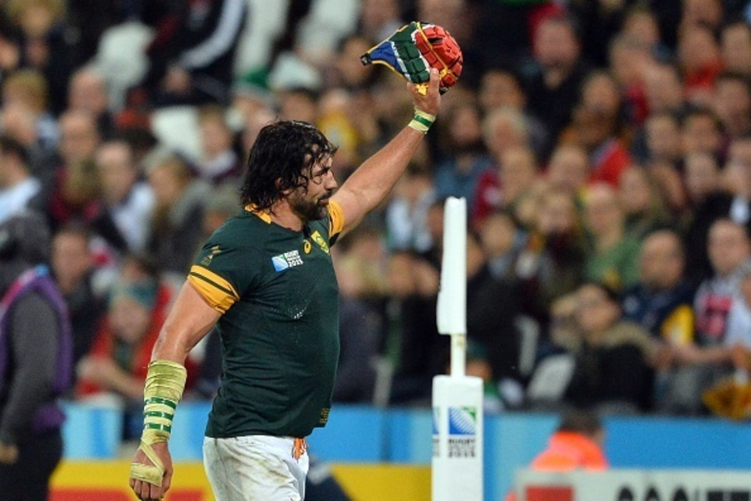 South Africa's lock and captain Victor Matfield waves as he leaves the pitch during the bronze medal match of the 2015 Rugby World Cup between South Africa and Argentina at the Olympic Stadium, east London, on October 30, 2015. 
AFP PHOTO / GLYN KIRK
REST