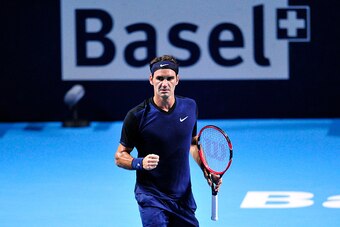 BASEL, SWITZERLAND - OCTOBER 30:  Roger Federer of Switzerland celebrates a point during the fifth day of the Swiss Indoors ATP 500 tennis tournament against David Goffin of Belgium at St Jakobshalle on October 30, 2015 in Basel, Switzerland.  (Photo by H