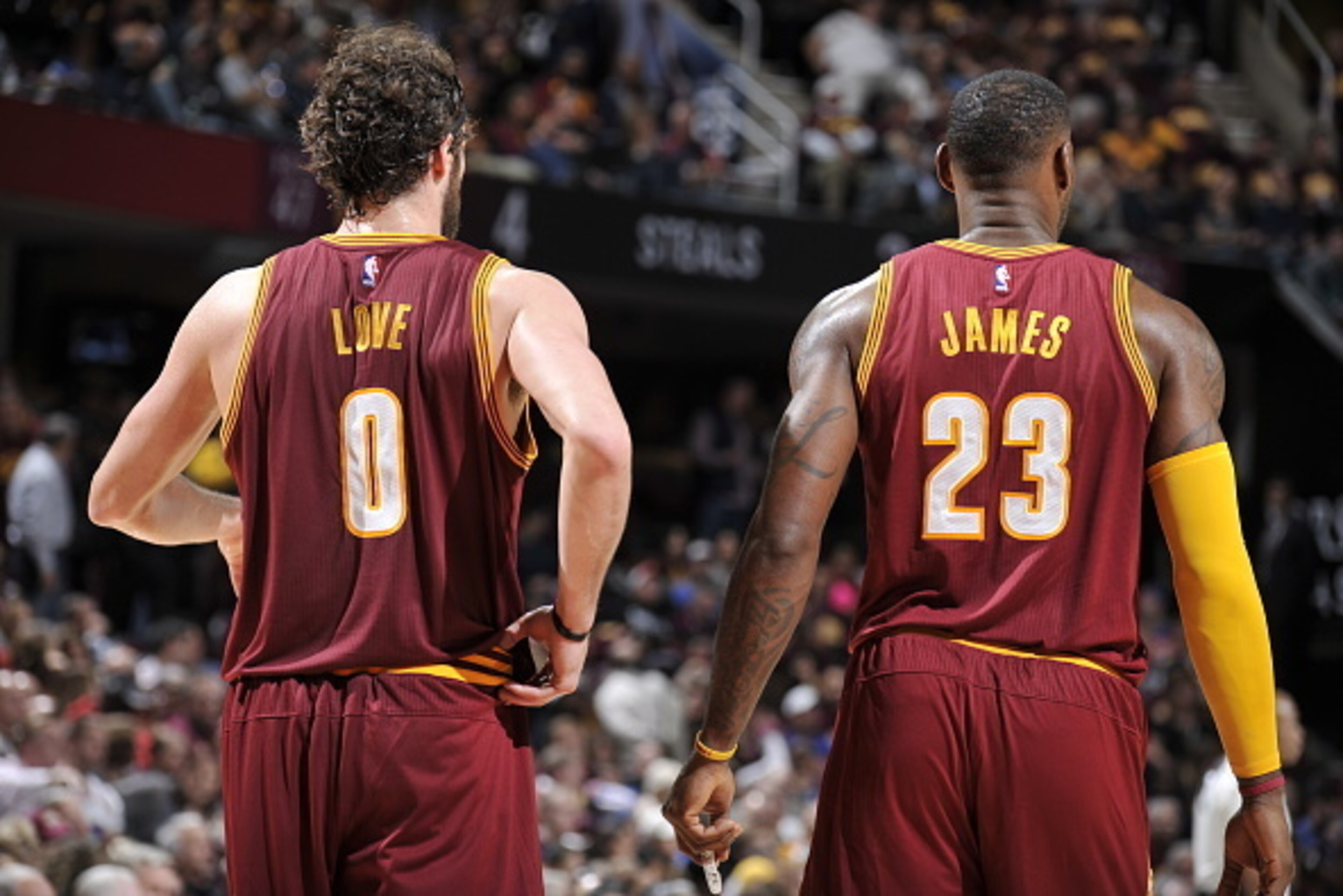 CLEVELAND, OH - OCTOBER 30: Kevin Love #0 of the Cleveland Cavaliers and LeBron James #23 of the Cleveland Cavaliers stand on the court against the Miami Heat on October 30, 2015 at Quicken Loans Arena in Cleveland, Ohio. NOTE TO USER: User expressly ack CLEVELAND, OH - OCTOBER 30: Kevin Love #0 of the Cleveland Cavaliers and LeBron James #23 of the Cleveland Cavaliers stand on the court against the Miami Heat on October 30, 2015 at Quicken Loans Arena in Cleveland, Ohio. NOTE TO USER: User expressly ack