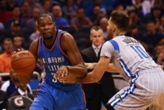 Oct 30, 2015; Orlando, FL, USA; Oklahoma City Thunder forward Kevin Durant (35) drives to the basket as Orlando Magic guard Evan Fournier (10) defends during the first quarter at Amway Center. Mandatory Credit: Kim Klement-USA TODAY Sports