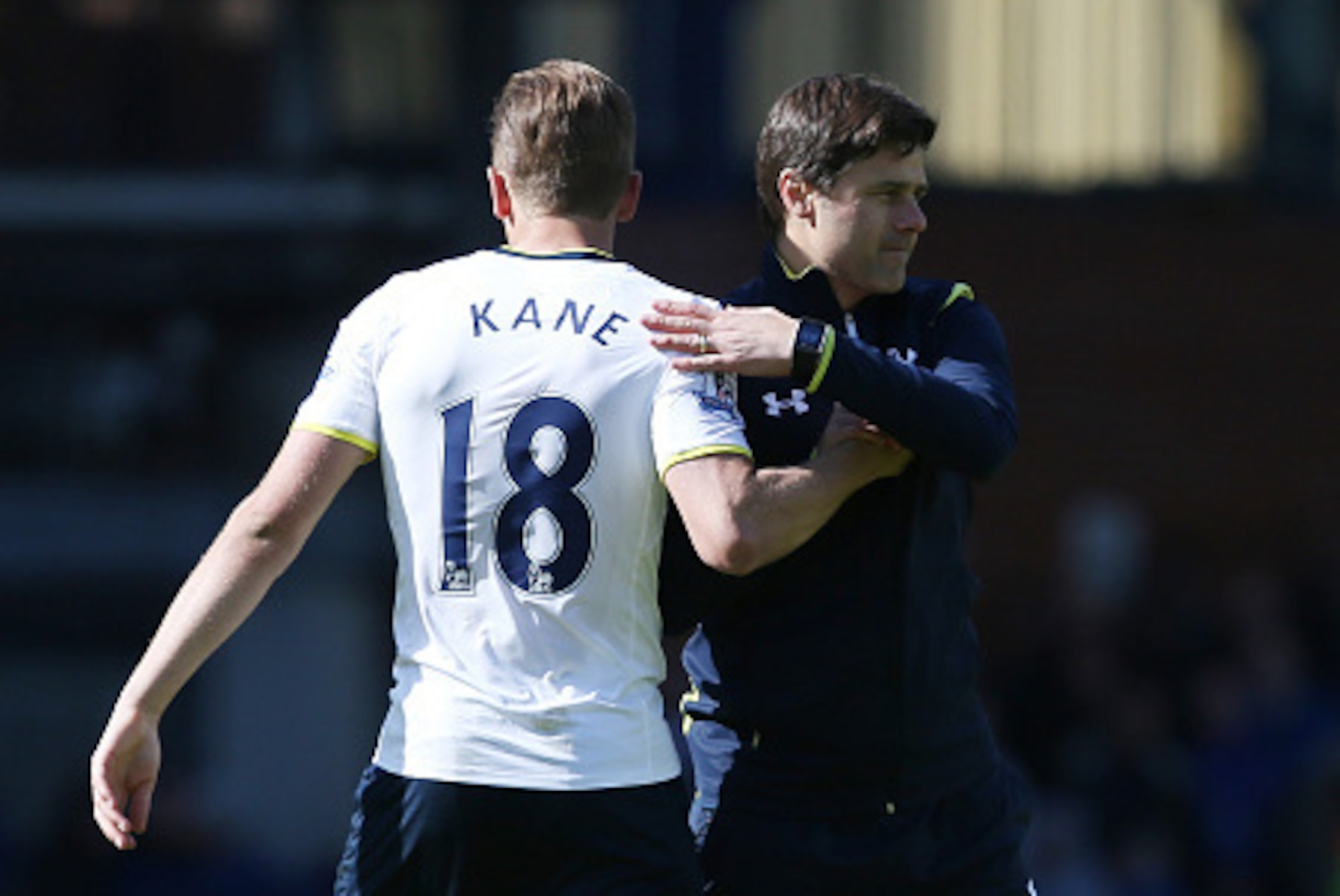 LIVERPOOL, ENGLAND - MAY 24:  Mauricio Pochettino manager of Spurs and Harry Kane of Spurs shake hands after the Barclays Premier League match between Everton and Tottenham Hotspur at Goodison Park on May 24, 2015 in Liverpool, England.  (Photo by Jan Kru