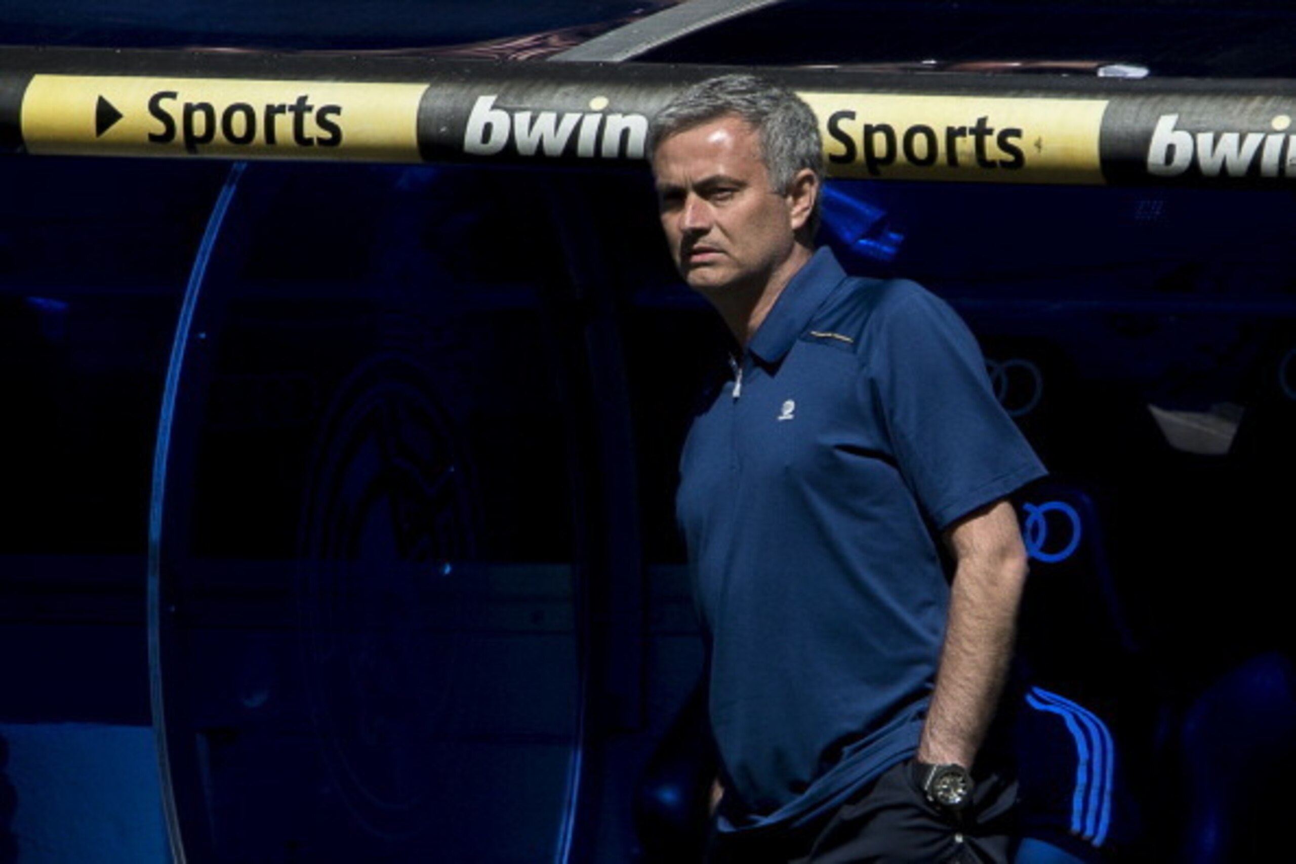 Real Madrid's Portuguese coach Jose Mourinho looks on during the Spanish League football match Real Madrid CF vs Osasuna at the Santiago Bernabeu stadium in Madrid on June 1, 2013. AFP PHOTO/ DANI POZO        (Photo credit should read DANI POZO/AFP/Getty 