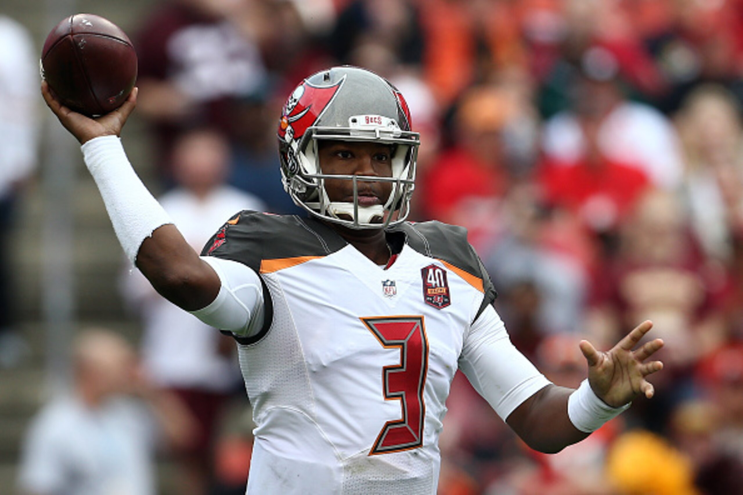 LANDOVER, MD - OCTOBER 25: Quarterback Jameis Winston #3 of the Tampa Bay Buccaneers throws the ball during the second quarter of a game against the Washington Redskins at FedExField on October 25, 2015 in Landover, Maryland. (Photo by Matt Hazlett/Getty 