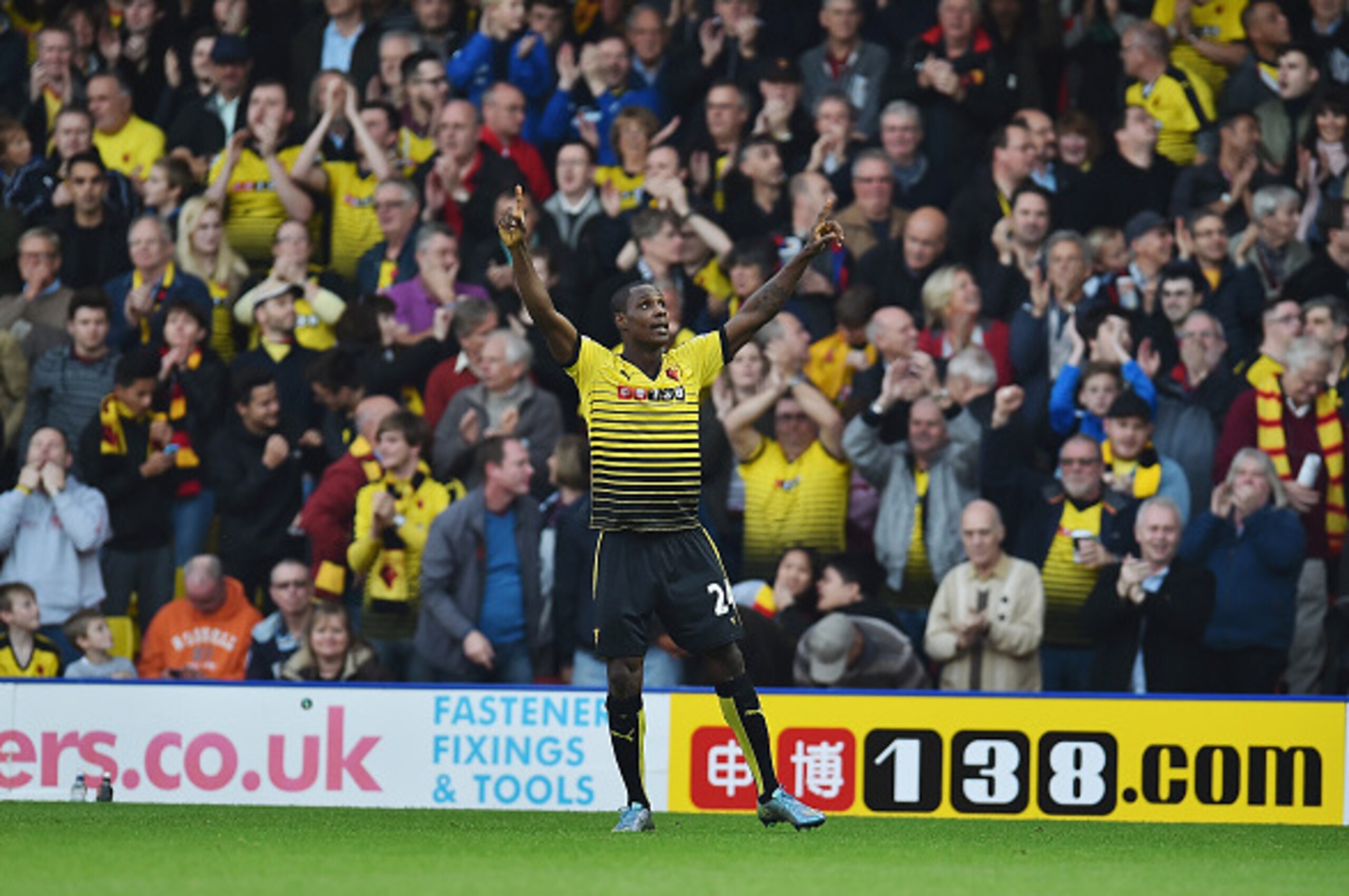 WATFORD, ENGLAND - OCTOBER 31:  Odion Ighalo of Watford celebrates scoring his team's second goal during the Barclays Premier League match between Watford and West Ham United at Vicarage Road on October 31, 2015 in Watford, England.  (Photo by Justin Sett