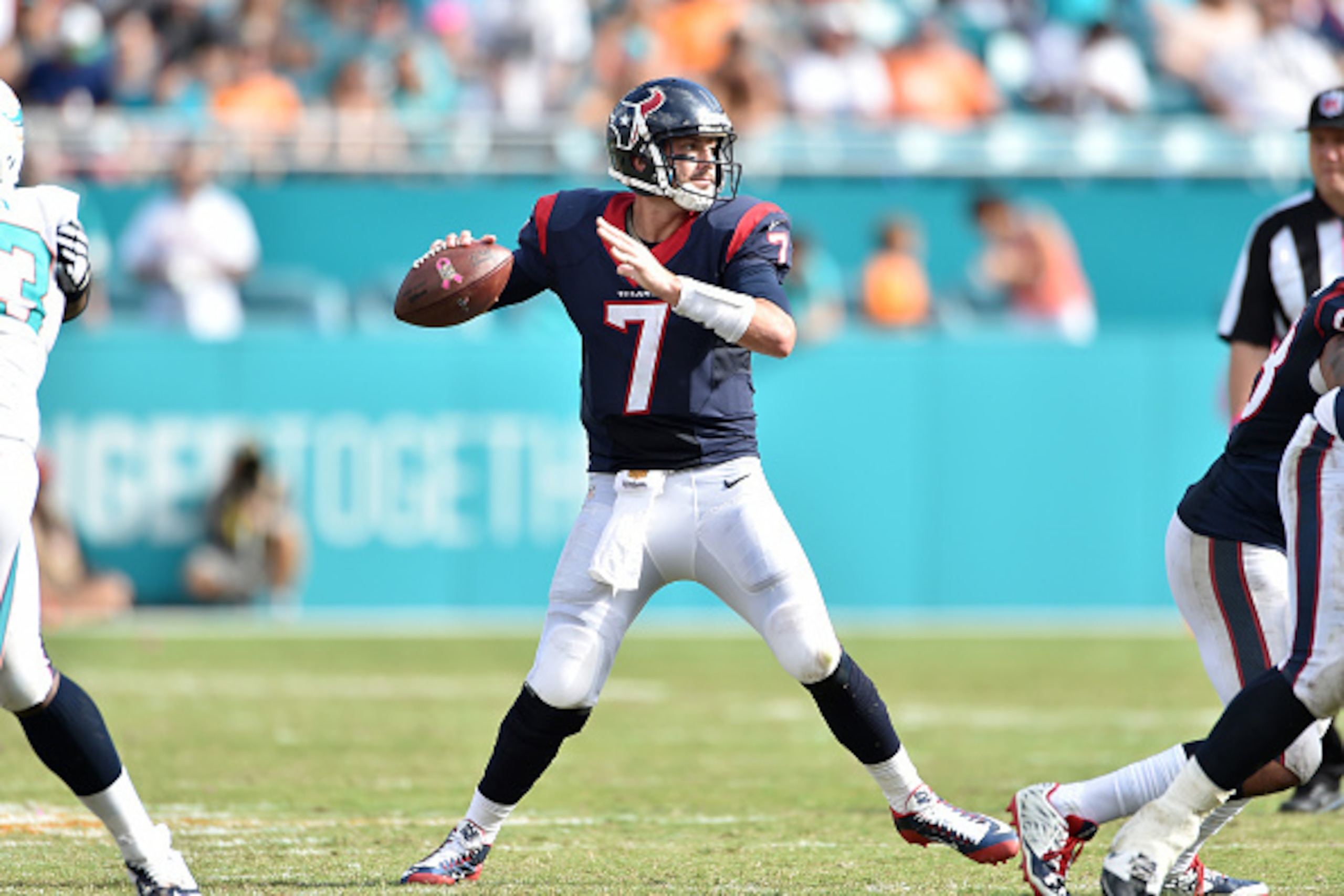 MIAMI GARDENS, FL - OCTOBER 25: Quarterback Brian Hoyer #7 of the Houston Texans looks for a receiver during a NFL game against the Miami Dolphins at Sun Life Stadium on October 25, 2015 in Miami Gardens, Florida. (Photo by Ronald C. Modra/Sports Imager MIAMI GARDENS, FL - OCTOBER 25: Quarterback Brian Hoyer #7 of the Houston Texans looks for a receiver during a NFL game against the Miami Dolphins at Sun Life Stadium on October 25, 2015 in Miami Gardens, Florida. (Photo by Ronald C. Modra/Sports Imager