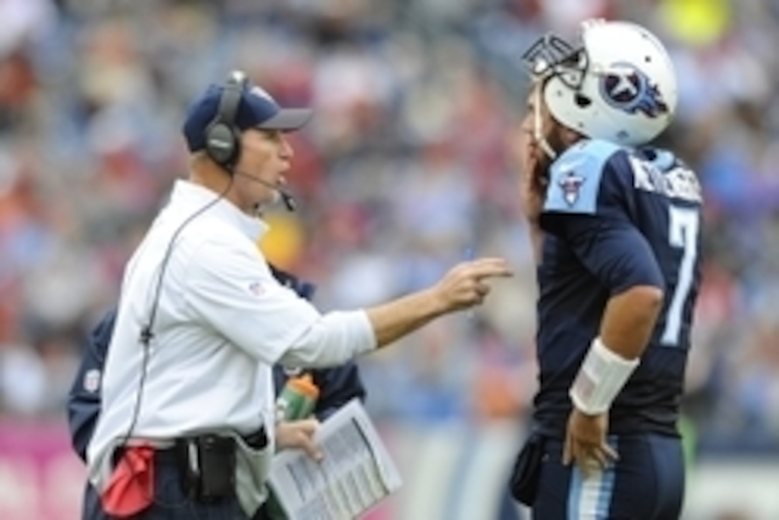 Oct 25, 2015; Nashville, TN, USA; Tennessee Titans head coach Ken Whisenhunt talks with quarterback Zach Mettenberger (7) during the first half against the Atlanta Falcons at Nissan Stadium. Mandatory Credit: Christopher Hanewinckel-USA TODAY Sports Oct 25, 2015; Nashville, TN, USA; Tennessee Titans head coach Ken Whisenhunt talks with quarterback Zach Mettenberger (7) during the first half against the Atlanta Falcons at Nissan Stadium. Mandatory Credit: Christopher Hanewinckel-USA TODAY Sports