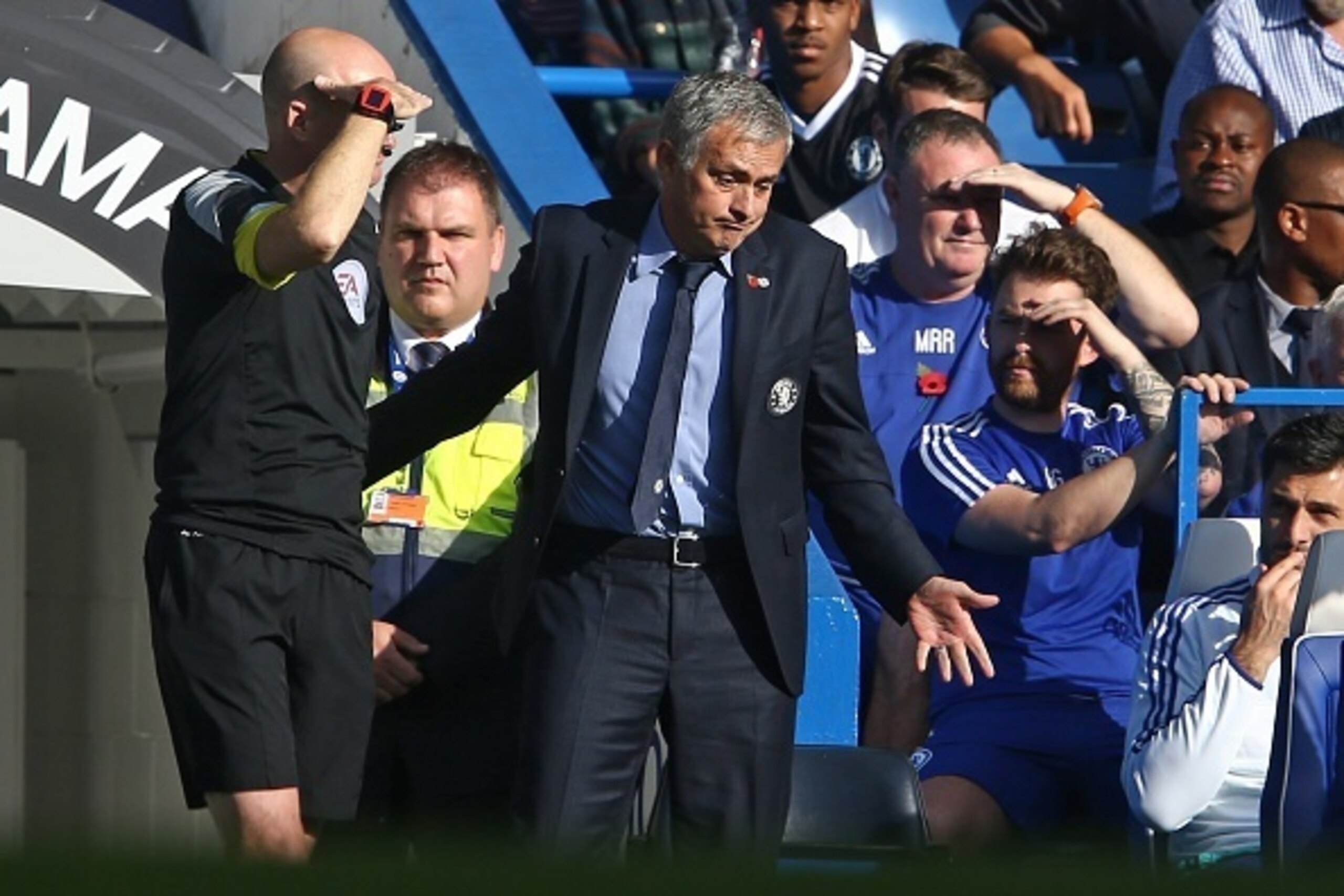 Chelsea's Portuguese manager Jose Mourinho (C) gestures during the English Premier League football match between Chelsea and Liverpool at Stamford Bridge in London on October 31, 2015. Liverpool won the game 3-1. AFP PHOTO / JUSTIN TALLIS
RESTRICTED TO Chelsea's Portuguese manager Jose Mourinho (C) gestures during the English Premier League football match between Chelsea and Liverpool at Stamford Bridge in London on October 31, 2015. Liverpool won the game 3-1. AFP PHOTO / JUSTIN TALLIS
RESTRICTED TO