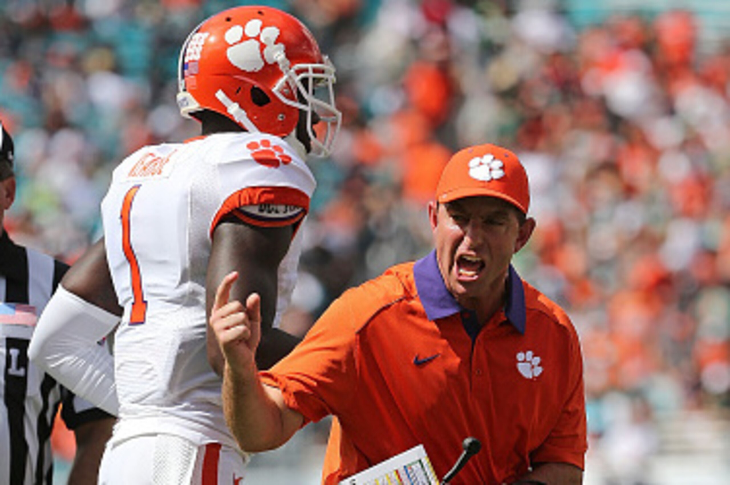 MIAMI GARDENS, FL - OCTOBER 24:  Head coach Dabo Swinney of the Clemson Tigers reacts to a play during a game against the Miami Hurricanes at Sun Life Stadium on October 24, 2015 in Miami Gardens, Florida.  (Photo by Mike Ehrmann/Getty Images)