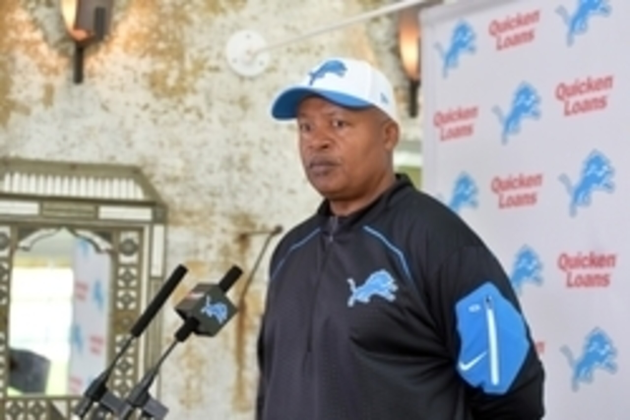 Oct 30, 2015; Chandler's Cross, United Kingdom; Detroit Lions coach Jim Caldwell during press conference at The Grove in preparation of the NFL International Series game against the Kansas City Chiefs. Mandatory Credit: Kirby Lee-USA TODAY Sports