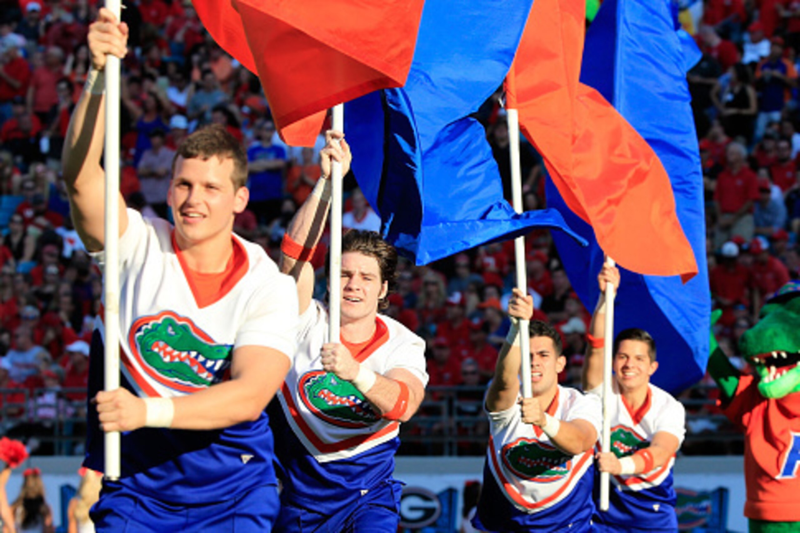 JACKSONVILLE, FL - OCTOBER 31:  Florida Gators cheerleaders celebrate a touchdown during the game against the Georgia Bulldogs at EverBank Field on October 31, 2015 in Jacksonville, Florida.  (Photo by Sam Greenwood/Getty Images)