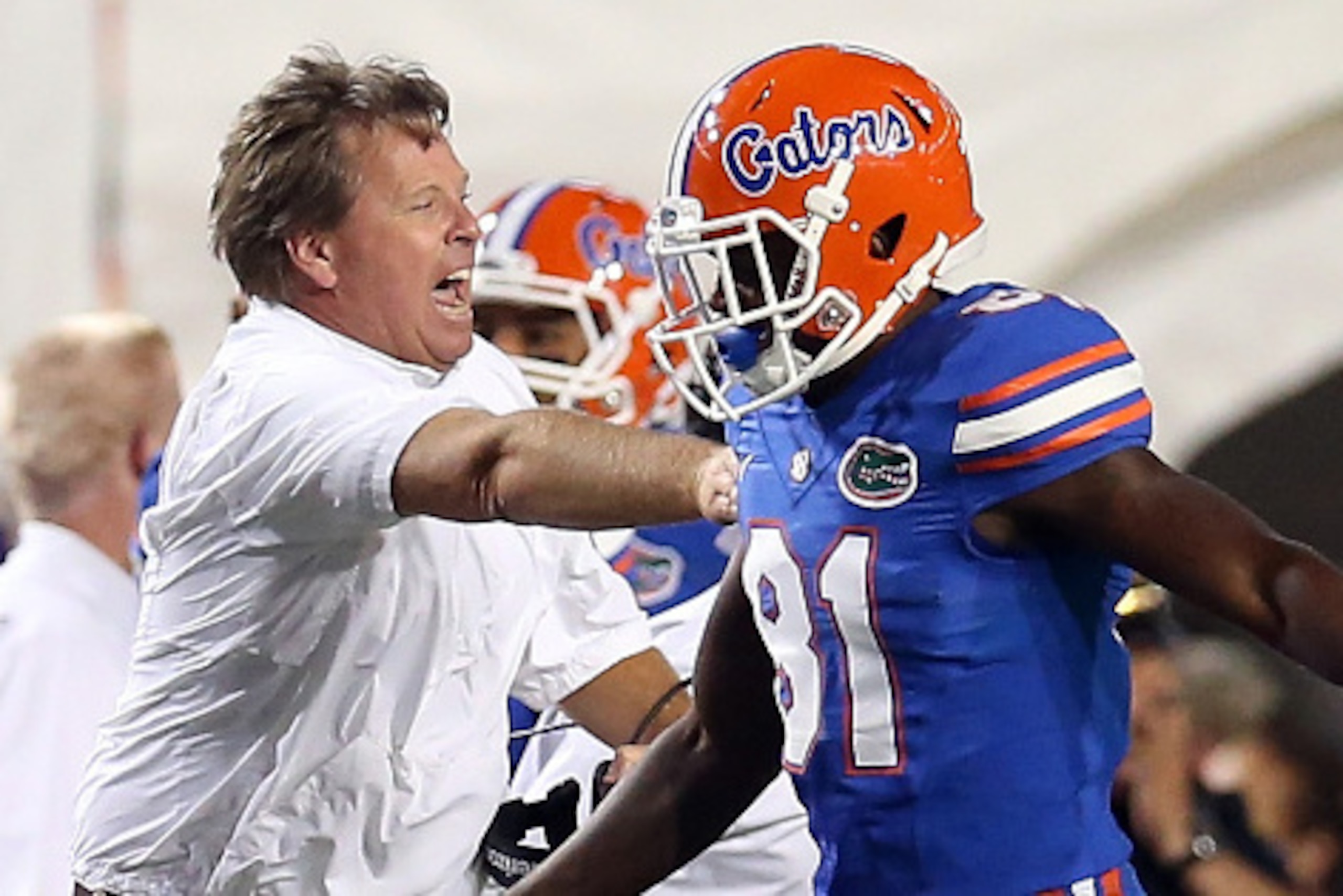 BATON ROUGE, LA - OCTOBER 17:  Head coach Jim McElwain celebrates after a touchdown by Antonio Callaway #81 of the Florida Gators against the LSU Tigers at Tiger Stadium on October 17, 2015 in Baton Rouge, Louisiana.  (Photo by Chris Graythen/Getty Images