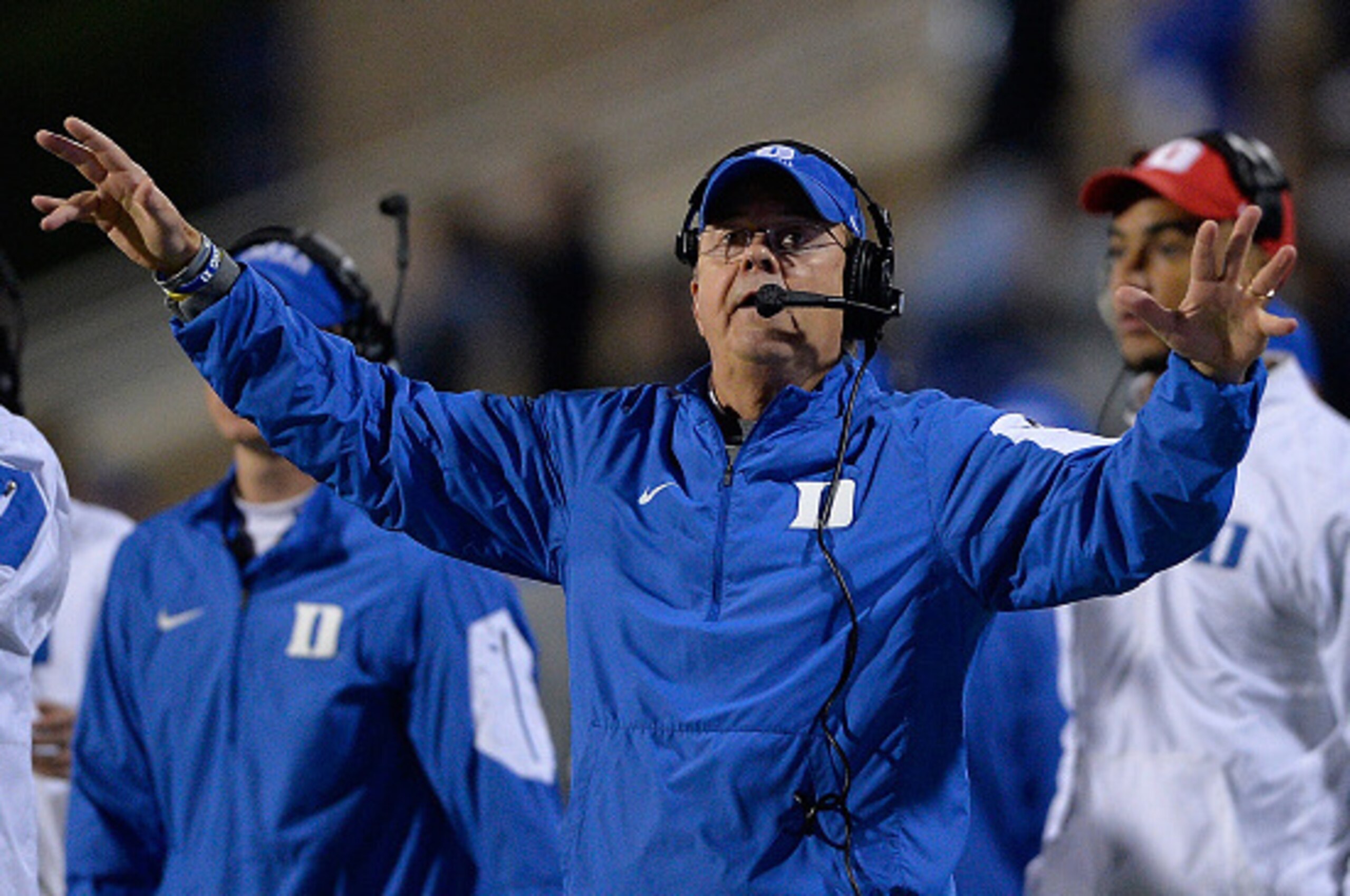 DURHAM, NC - OCTOBER 31: Head coach David Cutcliffe of the Duke Blue Devils directs his team during their game against the Miami Hurricanes at Wallace Wade Stadium on October 31, 2015 in Durham, North Carolina. Miami won 30-27 on a last-second touchdown. 