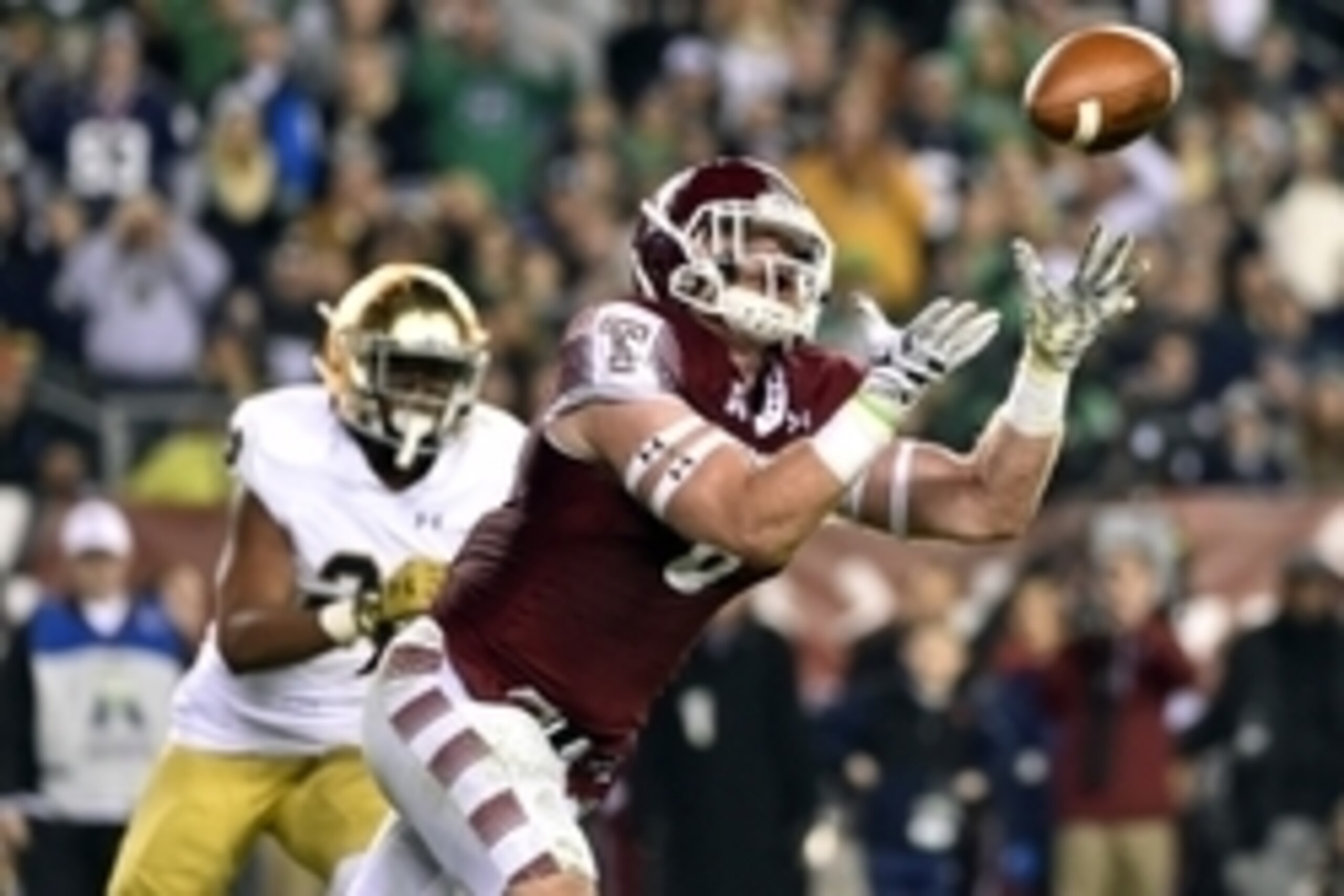 Oct 31, 2015; Philadelphia, PA, USA; Temple Owls linebacker Tyler Matakevich (8) intercepts the ball against the Notre Dame Fighting Irish during the first half at Lincoln Financial Field. Mandatory Credit: Derik Hamilton-USA TODAY Sports