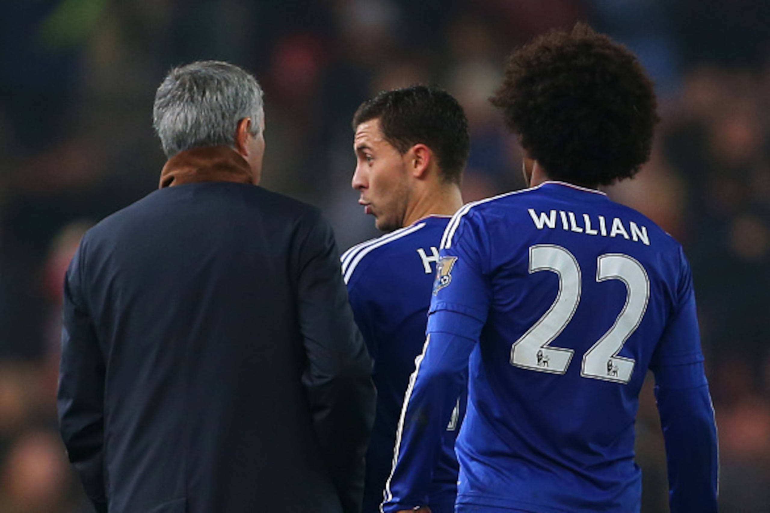 STOKE ON TRENT, ENGLAND - OCTOBER 27:  Eden Hazard of Chelsea speaks with Jose Mourinho Manager of Chelsea during the Capital One Cup Fourth Round match between Stoke City and Chelsea at Britannia Stadium on October 27, 2015 in Stoke on Trent, England.  (