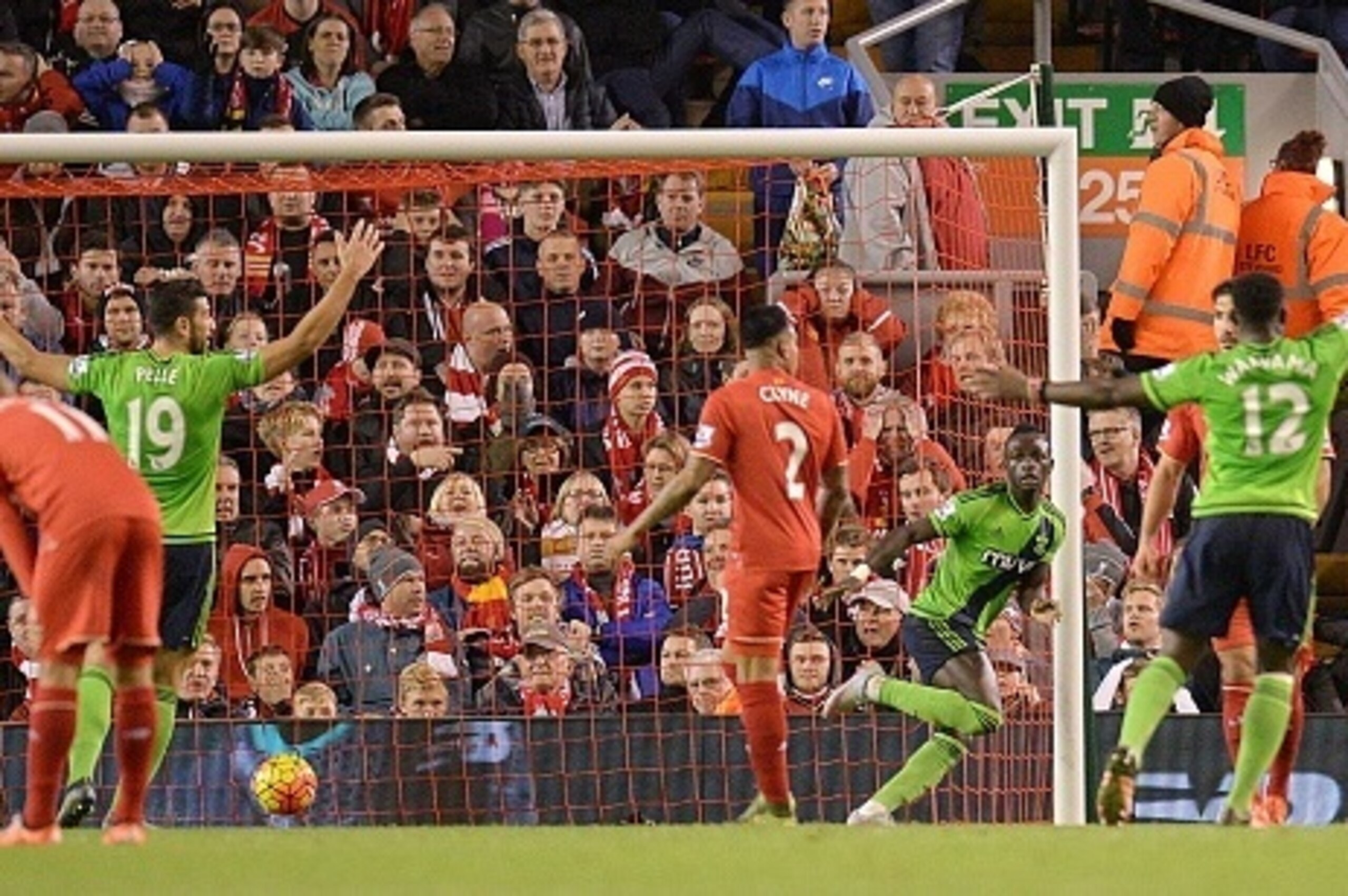 Southampton's Senegalese midfielder Sadio Mane (3rd R) celebrates after he scores their first goal during the English Premier League football match between Liverpool and Southampton at Anfield stadium in Liverpool, north west England on October 25, 2015. Southampton's Senegalese midfielder Sadio Mane (3rd R) celebrates after he scores their first goal during the English Premier League football match between Liverpool and Southampton at Anfield stadium in Liverpool, north west England on October 25, 2015.