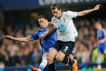 Chelsea's Serbian midfielder Nemanja Matic (L) vies for the ball with Tottenham Hotspur's Belgian defender Jan Vertonghen during the English Premier League football match between Chelsea and Tottenham Hotspur at Stamford Bridge in London on March 8, 2014.
