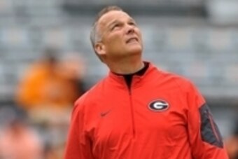 Oct 10, 2015; Knoxville, TN, USA; Georgia Bulldogs head coach Mark Richt looks up prior to the game against the Tennessee Volunteers at Neyland Stadium. Mandatory Credit: Jim Brown-USA TODAY Sports