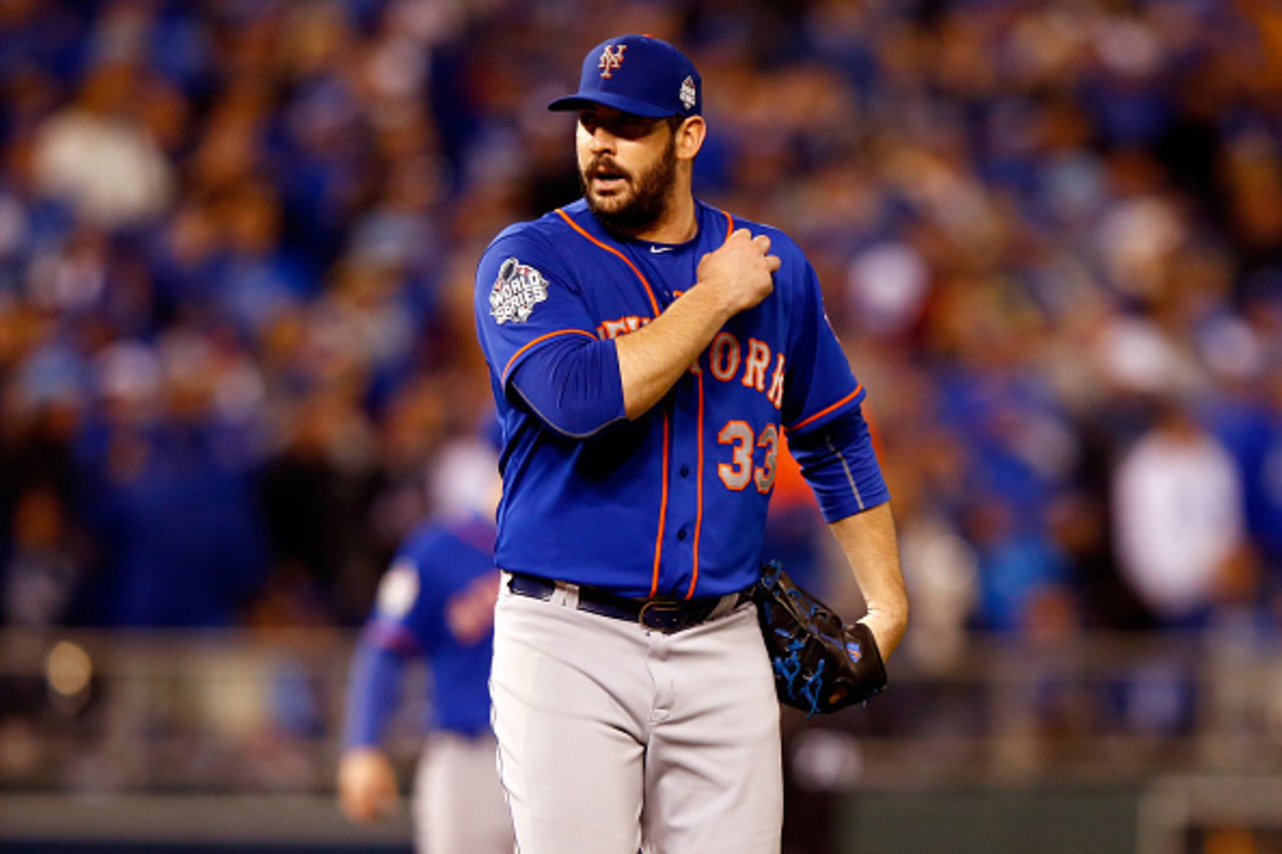 KANSAS CITY, MO - OCTOBER 27:  Matt Harvey #33 of the New York Mets reacts in the sixth inning against the Kansas City Royals during Game One of the 2015 World Series at Kauffman Stadium on October 27, 2015 in Kansas City, Missouri.  (Photo by Jamie Squir