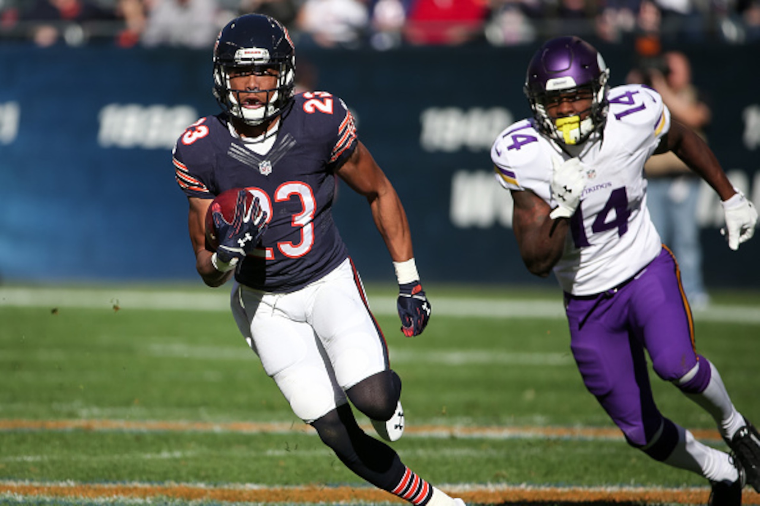 CHICAGO, IL - NOVEMBER 01: Kyle Fuller #23 of the Chicago Bears carries the football ahead of Stefon Diggs #14 of the Minnesota Vikings after making an interception in the second quarter at Soldier Field on November 1, 2015 in Chicago, Illinois. (Phot CHICAGO, IL - NOVEMBER 01: Kyle Fuller #23 of the Chicago Bears carries the football ahead of Stefon Diggs #14 of the Minnesota Vikings after making an interception in the second quarter at Soldier Field on November 1, 2015 in Chicago, Illinois. (Phot