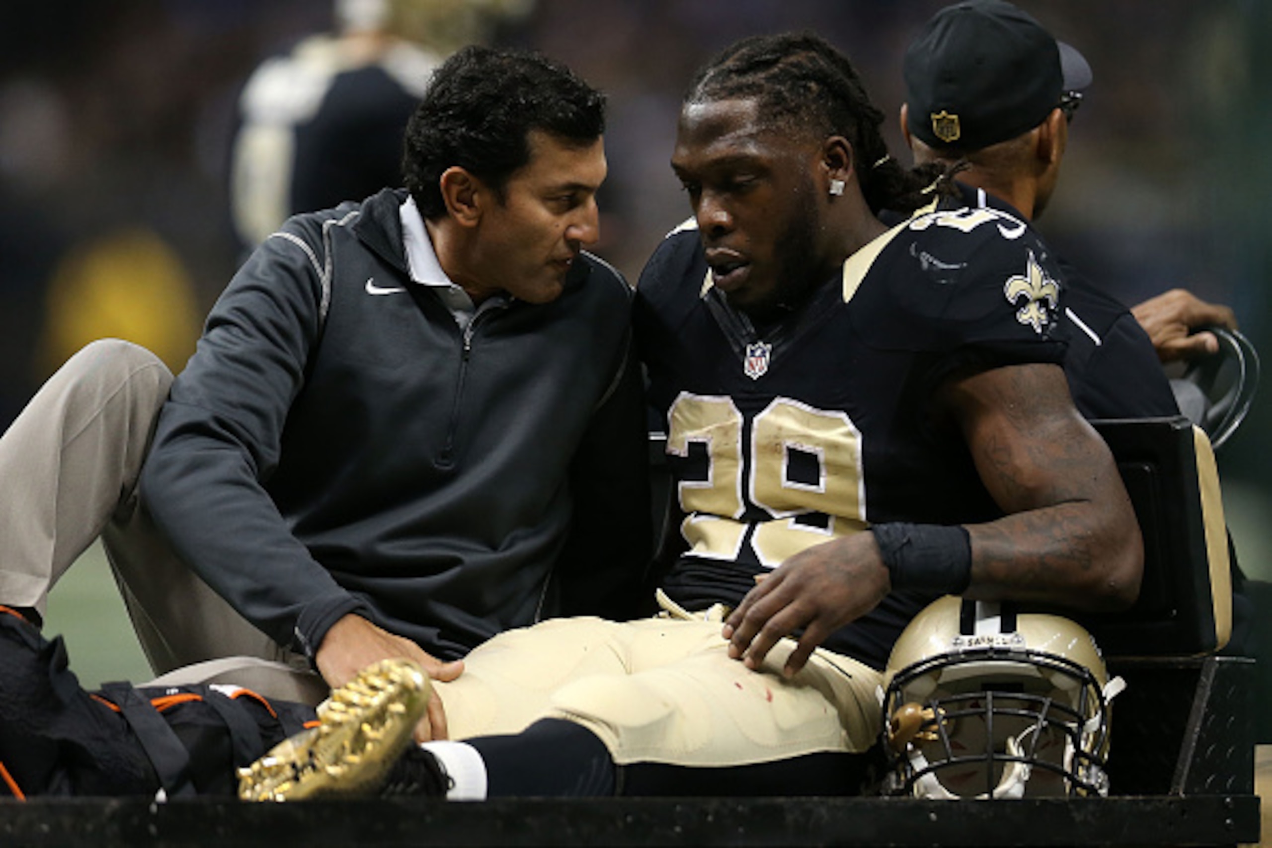 NEW ORLEANS, LA - NOVEMBER 01:  Khiry Robinson #29 of the New Orleans Saints is carted off the field following an injury during the second quarter of a game against the New York Giants at the Mercedes-Benz Superdome on November 1, 2015 in New Orleans, Lou