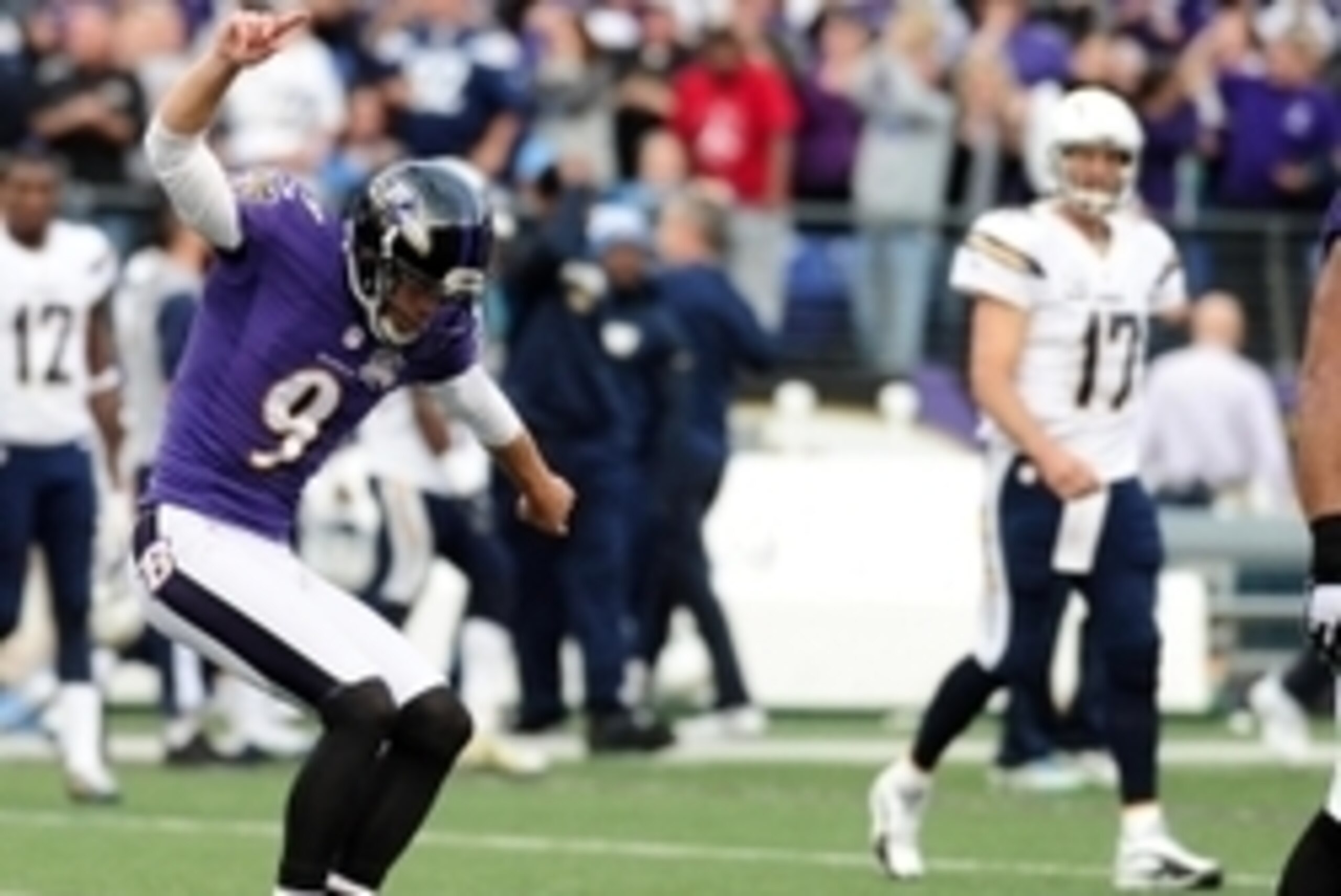 Nov 1, 2015; Baltimore, MD, USA; Baltimore Ravens kicker Justin Tucker (9) reacts after making the game-winning field goal to beat the San Diego Chargers 29-26 at M&T Bank Stadium. Mandatory Credit: Evan Habeeb-USA TODAY Sports