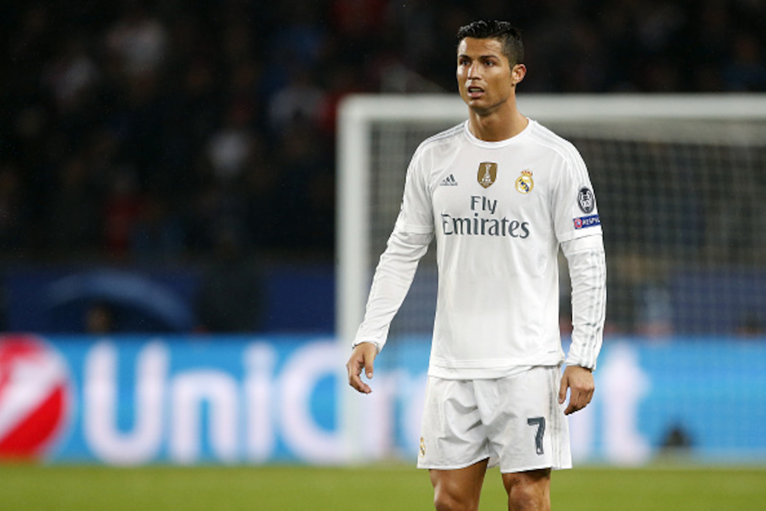 PARIS, FRANCE - OCTOBER 21: Cristiano Ronaldo of Real Madrid looks on during the UEFA Champions League match between Paris Saint-Germain (PSG) and Real Madrid at Parc des Princes stadium on October 21, 2015 in Paris, France. (Photo by Jean Catuffe/Getty I