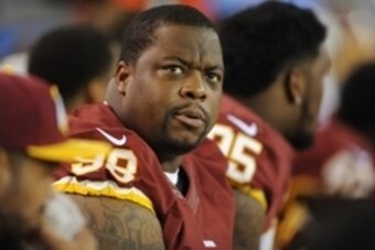 Aug 13, 2015; Cleveland, OH, USA; Washington Redskins defensive tackle Terrance Knighton (98) in a preseason NFL football game at FirstEnergy Stadium. Mandatory Credit: Ken Blaze-USA TODAY Sports