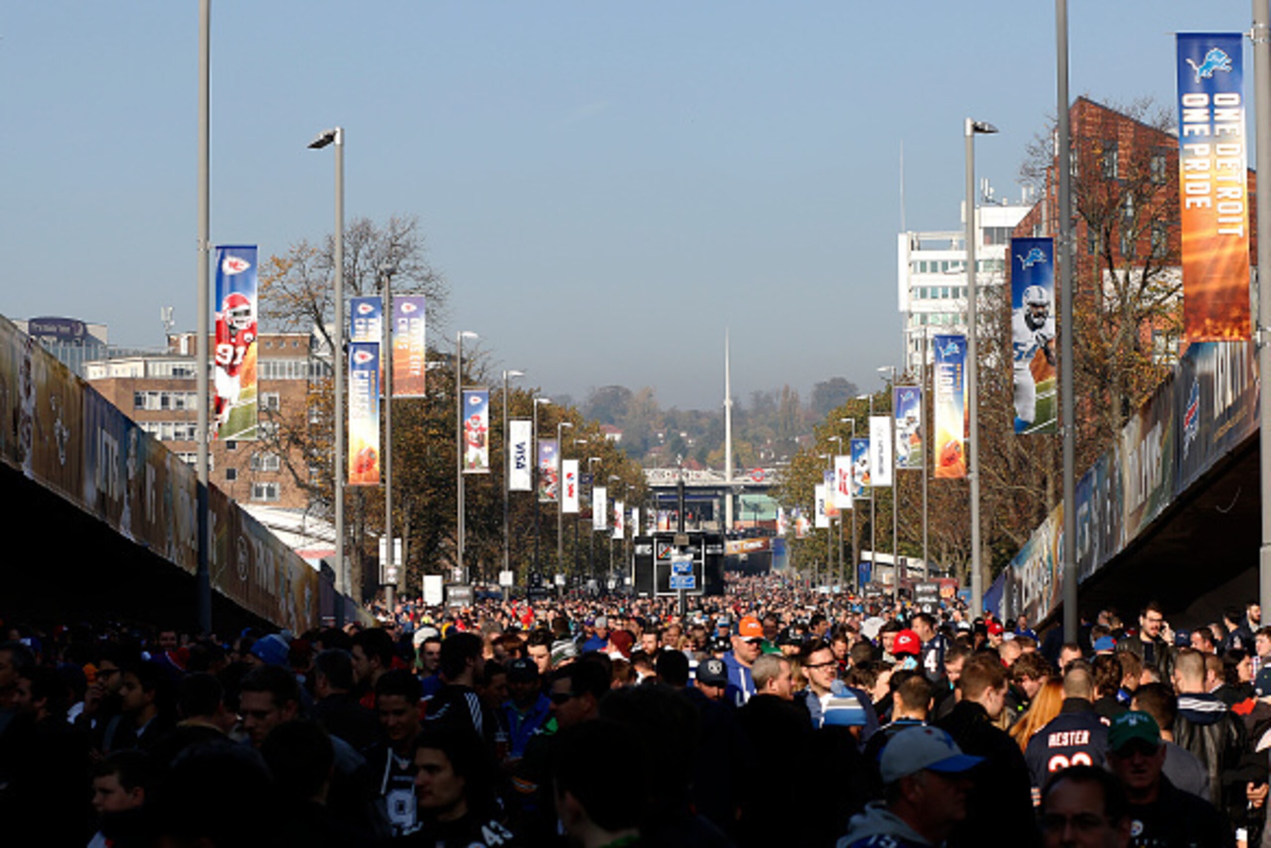 LONDON, ENGLAND - NOVEMBER 01: Fans walk along Wembley Way prior to the NFL game between Kansas City Chiefs and Detroit Lions at Wembley Stadium on November 01, 2015 in London, England. (Photo by Alan Crowhurst/Getty Images)