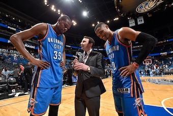 ORLANDO, FL - OCTOBER 30:  Kevin Durant #35 of the Oklahoma City Thunder and Russell Westbrook #0 of the Oklahoma City Thunder are interviewed after the game against the Orlando Magic on October 30, 2015 at Amway Center in Orlando, Florida. NOTE TO USER: 
