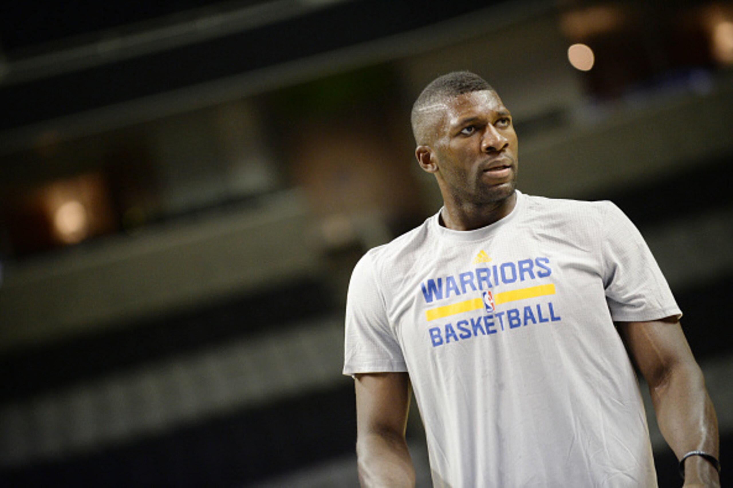 SAN JOSE, CA - OCTOBER 5: Festus Ezeli #31 of the Golden State Warriors warms up before the preseason game against the Toronto Raptors on October 5, 2015 at SAP Center in San Jose, California. NOTE TO USER: User expressly acknowledges and agrees that, by 