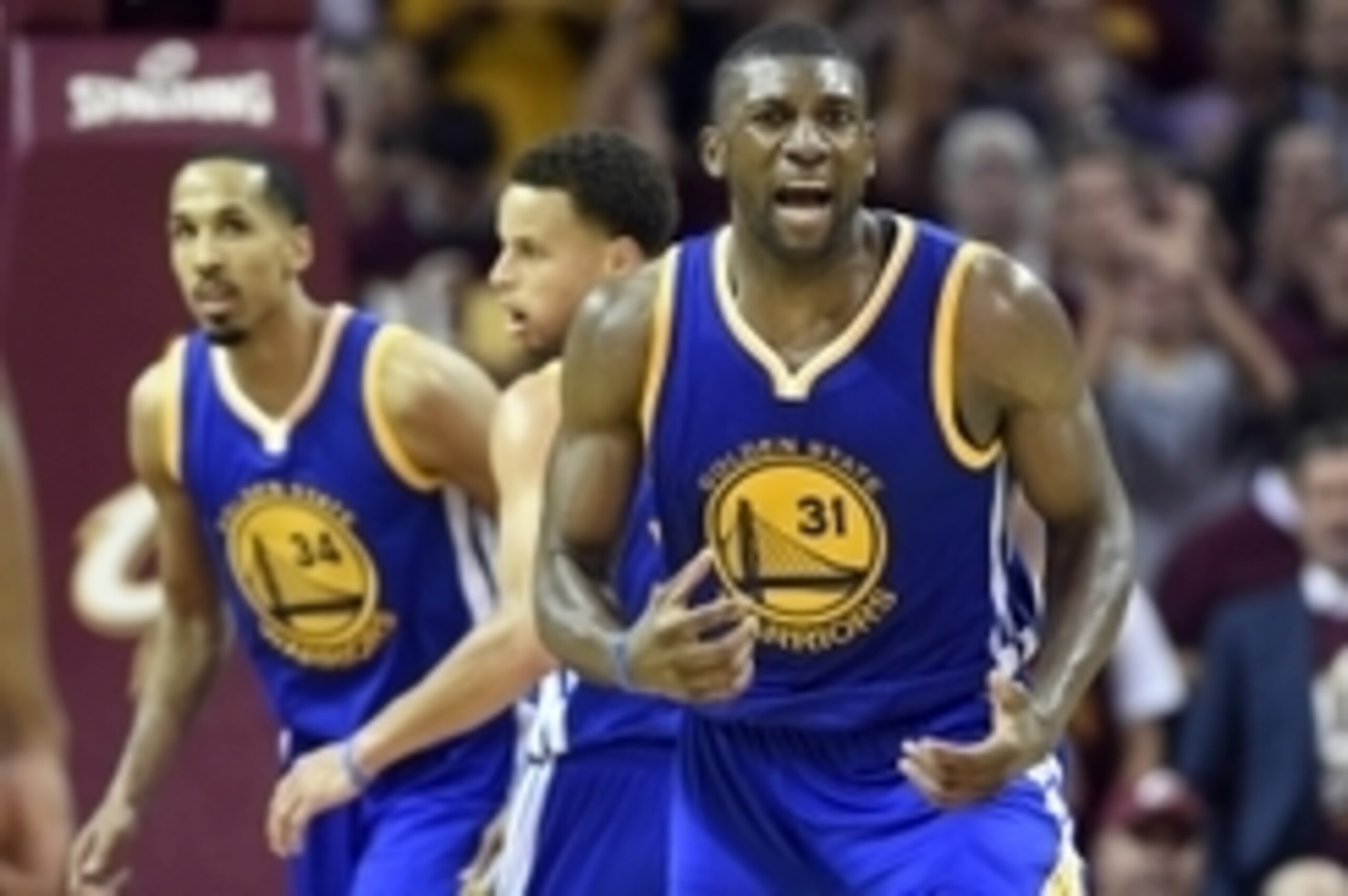 Jun 9, 2015; Cleveland, OH, USA; Golden State Warriors center Festus Ezeli (31) reacts to a call during the third quarter against the Cleveland Cavaliers in game three of the NBA Finals at Quicken Loans Arena. Mandatory Credit: Bob Donnan-USA TODAY Sports