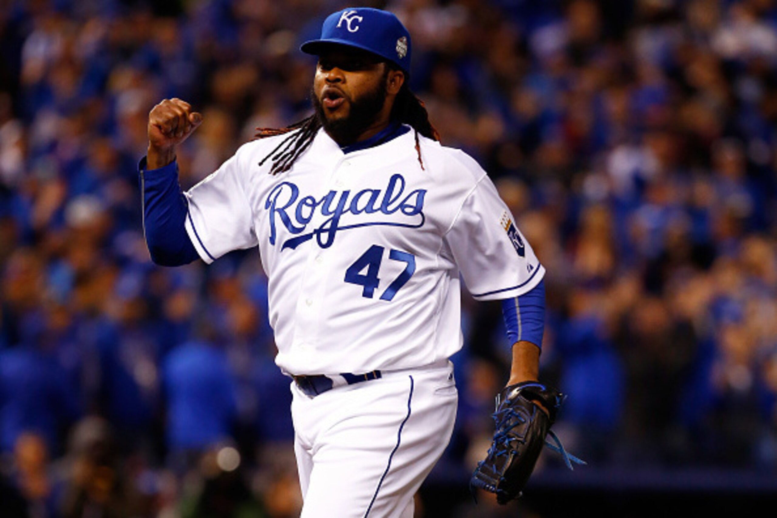 KANSAS CITY, MO - OCTOBER 28:  Johnny Cueto #47 celebrates after Alcides Escobar #2 of the Kansas City Royals fields a ground ball hit by Juan Lagares #12 of the New York Mets (not pictured) in the eighth inning in Game Two of the 2015 World Series betwee