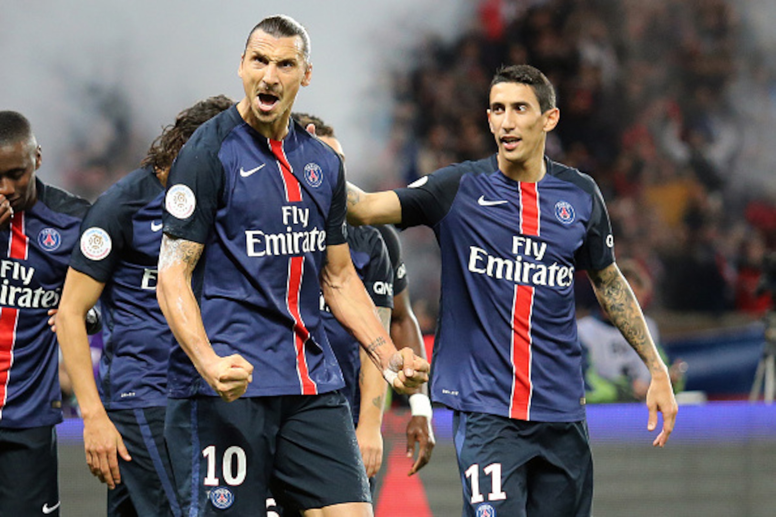 PARIS, FRANCE - OCTOBER 4: Zlatan Ibrahimovic of PSG (left) celebrates his goal with Angel Di Maria of PSG during the French Ligue 1 match between Paris Saint-Germain FC (PSG) and Olympique de Marseille at Parc des Princes stadium on October 4, 2015 in Pa PARIS, FRANCE - OCTOBER 4: Zlatan Ibrahimovic of PSG (left) celebrates his goal with Angel Di Maria of PSG during the French Ligue 1 match between Paris Saint-Germain FC (PSG) and Olympique de Marseille at Parc des Princes stadium on October 4, 2015 in Pa