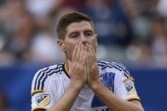 Oct 18, 2015; Carson, CA, USA; Los Angeles Galaxy midfielder Steven Gerrard (8) reacts during the first half against the Portland Timbers at StubHub Center. Mandatory Credit: Kelvin Kuo-USA TODAY Sports