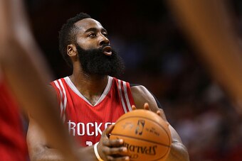 MIAMI, FL - NOVEMBER 01:  James Harden #13 of the Houston Rockets shoots a foul shot during a game against the Miami Heat at American Airlines Arena on November 1, 2015 in Miami, Florida. NOTE TO USER: User expressly acknowledges and agrees that, by downl