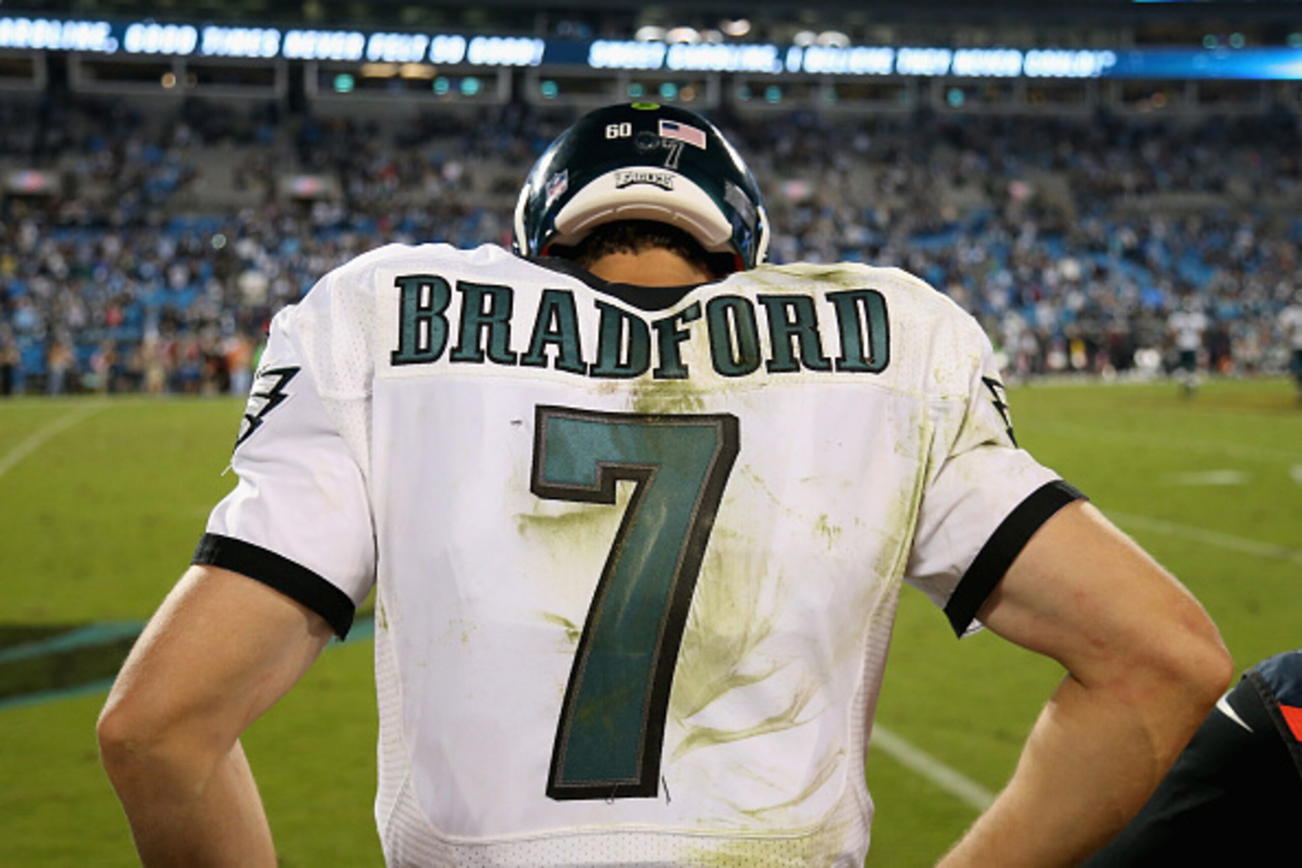 CHARLOTTE, NC - OCTOBER 25:  Sam Bradford #7 of the Philadelphia Eagles looks on after losing to the Carolina Panthers at Bank of America Stadium on October 25, 2015 in Charlotte, North Carolina.  (Photo by Streeter Lecka/Getty Images)