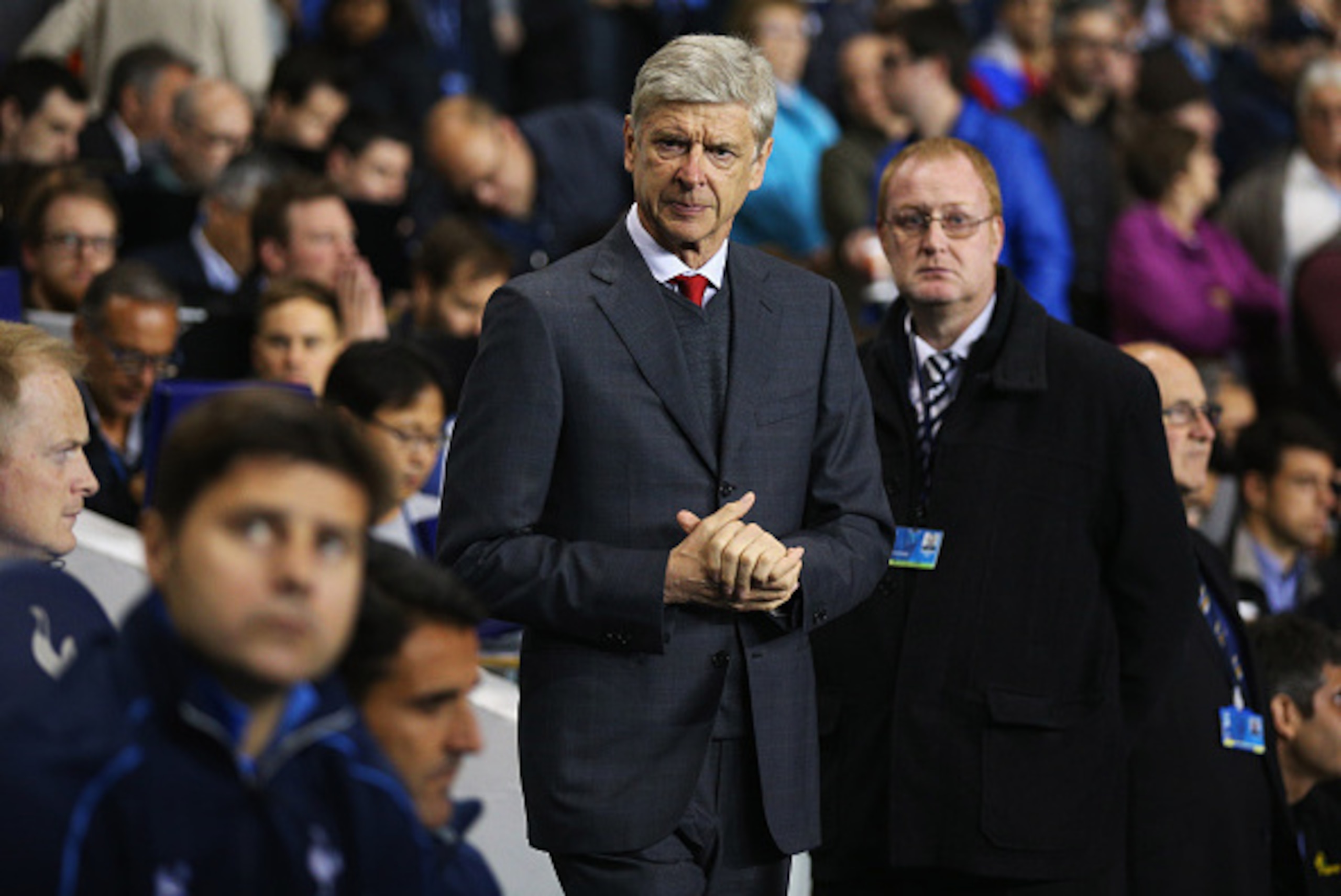 LONDON, ENGLAND - SEPTEMBER 23:  Mauricio Pochettino manager of Tottenham Hotspur and Arsene Wenger manager of Arsenal look on prior to the Capital One Cup third round match between Tottenham Hotspur and Arsenal at White Hart Lane on September 23, 2015 in