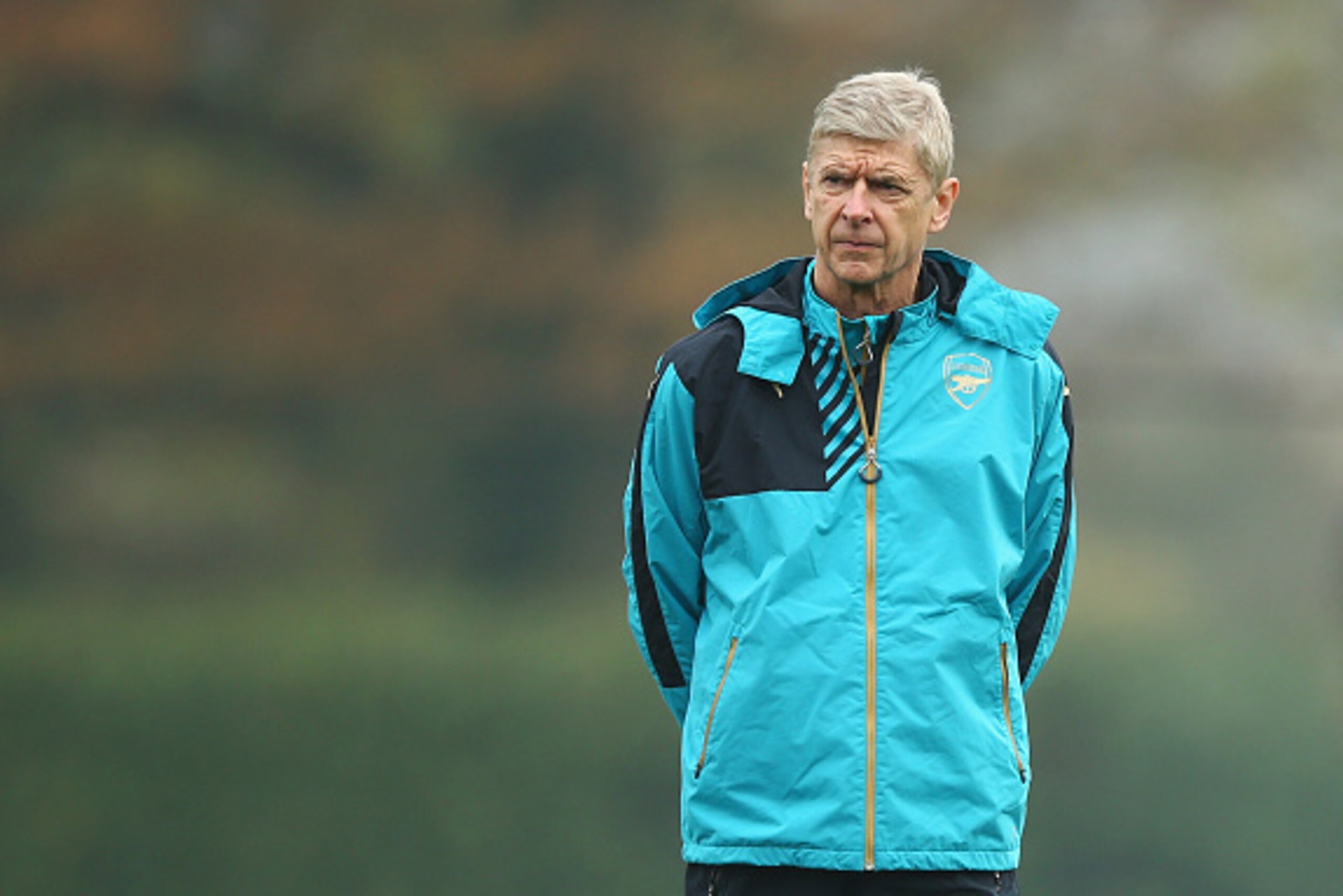 ST ALBANS, ENGLAND - NOVEMBER 03:  Arsene Wenger manager of Arsenal looks on during an Arsenal training session on the eve of the UEFA Champions League Group F match against Bayern Munich at London Colney on November 3, 2015 in St Albans, England.  (Photo