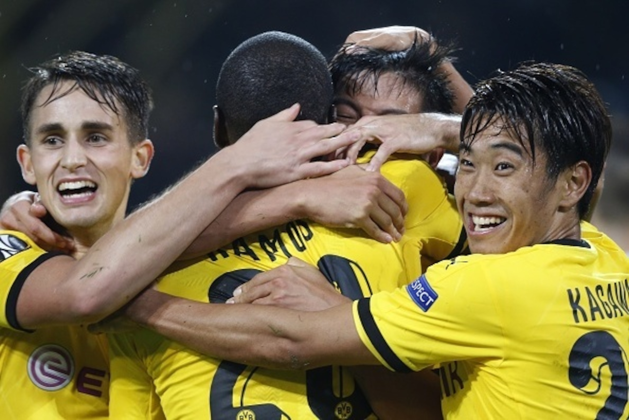 (L-R) Dortmund's Belgian midfielder Adnan Januzaj, Dortmund's Columbian striker Adrian Ramos, Dortmund's Korean defender Joo-Ho Park and Dortmund's Japanese midfielder Shinji Kagawa celebrate the 2-1 during the UEFA Europa League Group C football match be (L-R) Dortmund's Belgian midfielder Adnan Januzaj, Dortmund's Columbian striker Adrian Ramos, Dortmund's Korean defender Joo-Ho Park and Dortmund's Japanese midfielder Shinji Kagawa celebrate the 2-1 during the UEFA Europa League Group C football match be