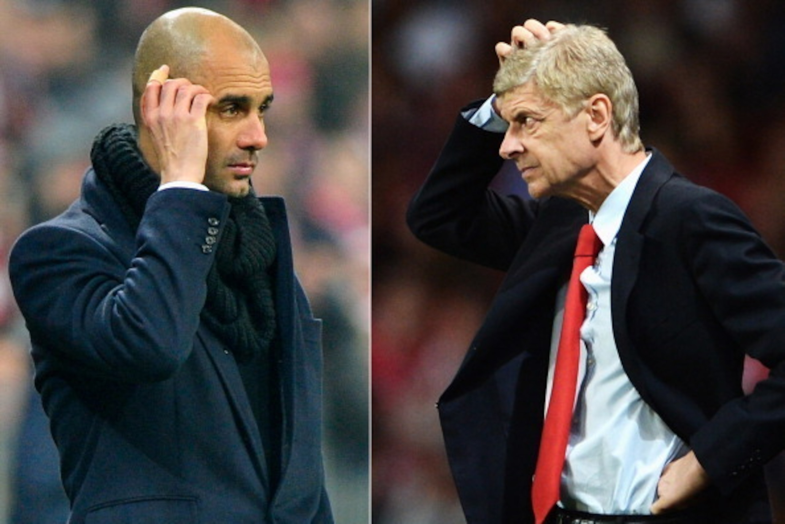FILE PHOTO - EDITORS NOTE: COMPOSITE OF TWO IMAGES - Image Numbers 454921563 (L) and 178222670) In this composite image a comparison has been made between Head coach Josep Guardiola of Bayern Munich (L) and Arsene Wenger the Arsenal manager. Arsenal and B
